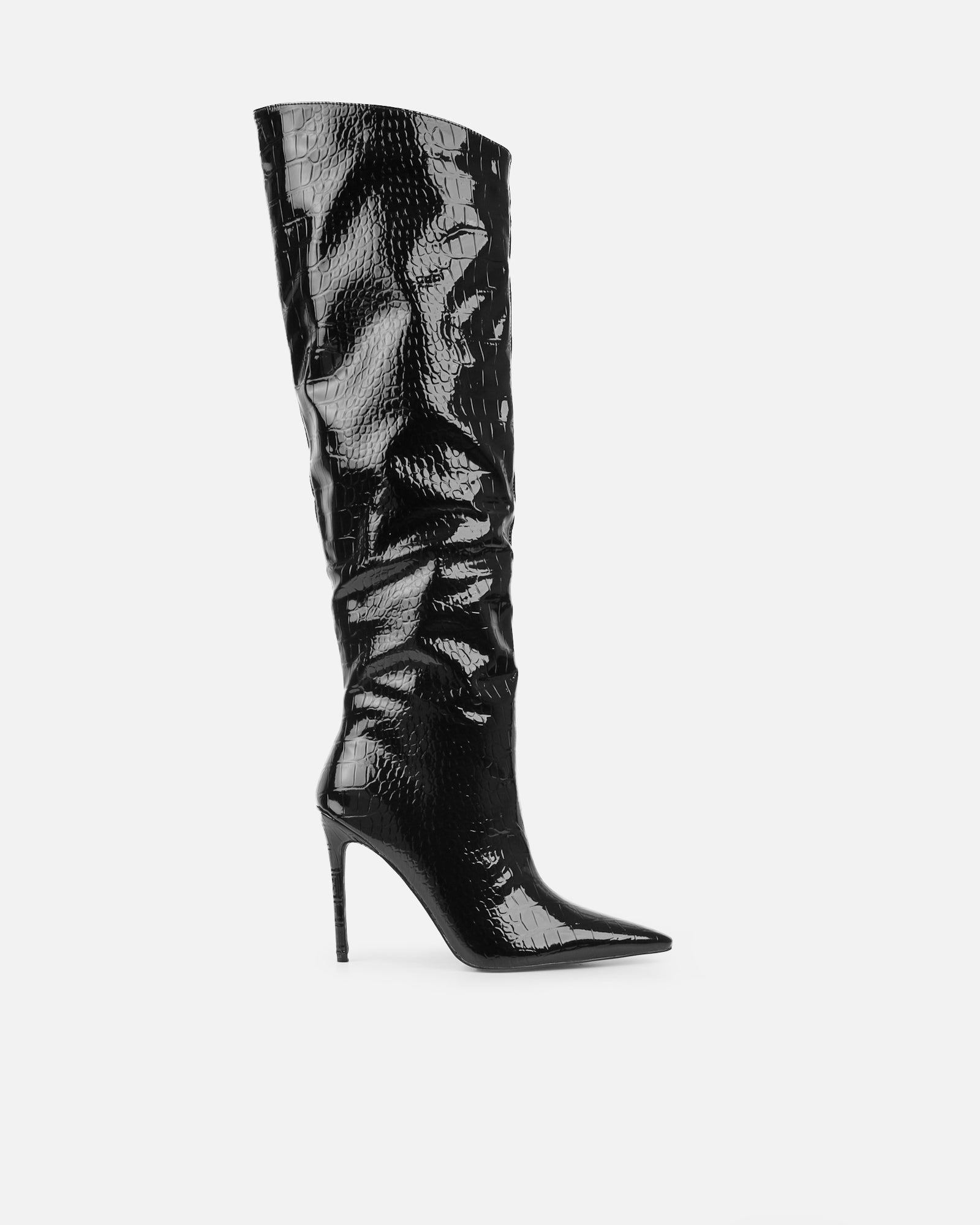 Jairo Black Patent Faux Croc Knee High Boots  | SIMMI London