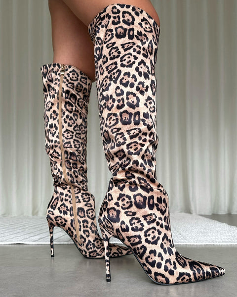 Jairo Leopard Print Satin Knee High Boots SIMMI London