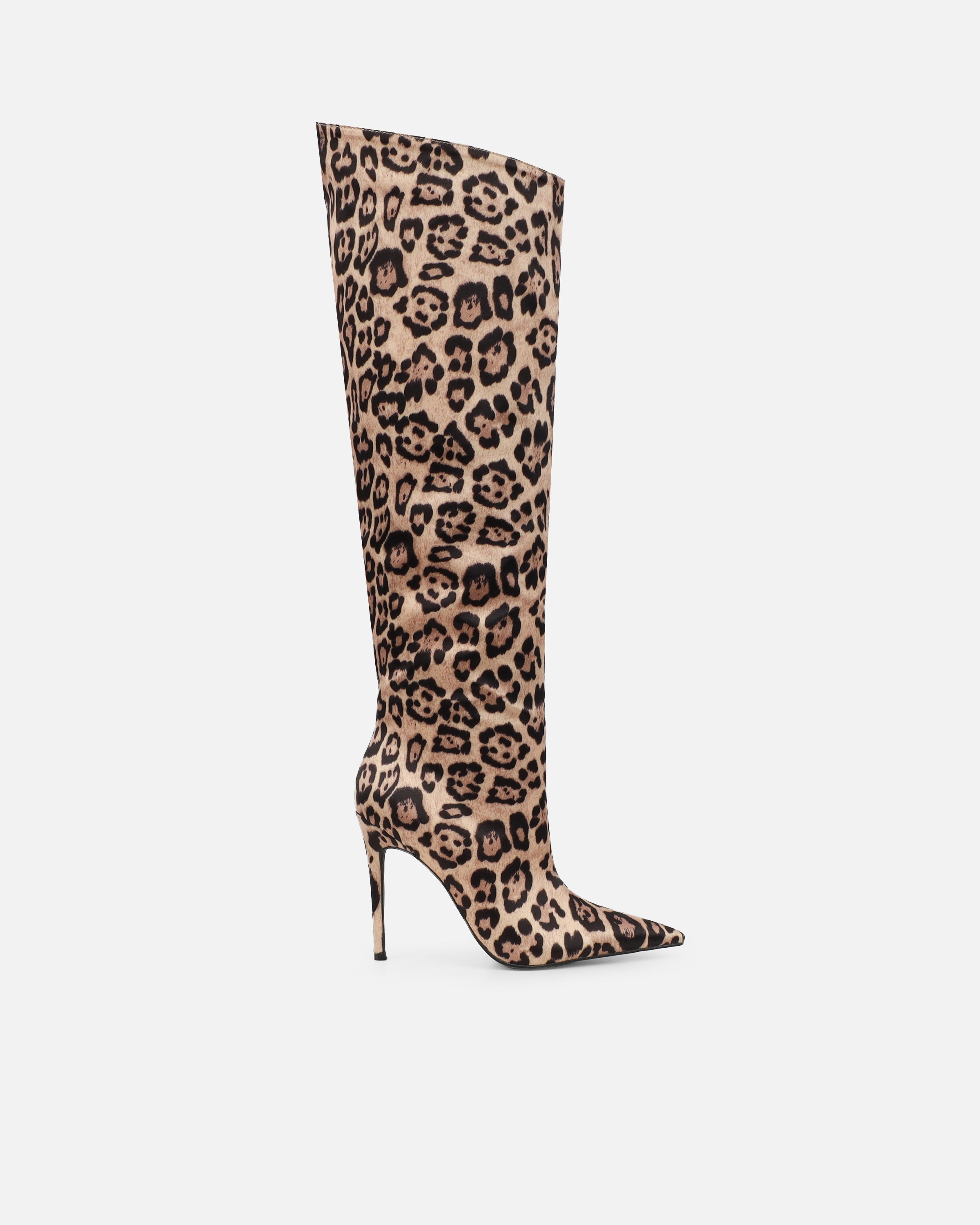 Jairo Leopard Print Satin Knee High Boots | SIMMI London