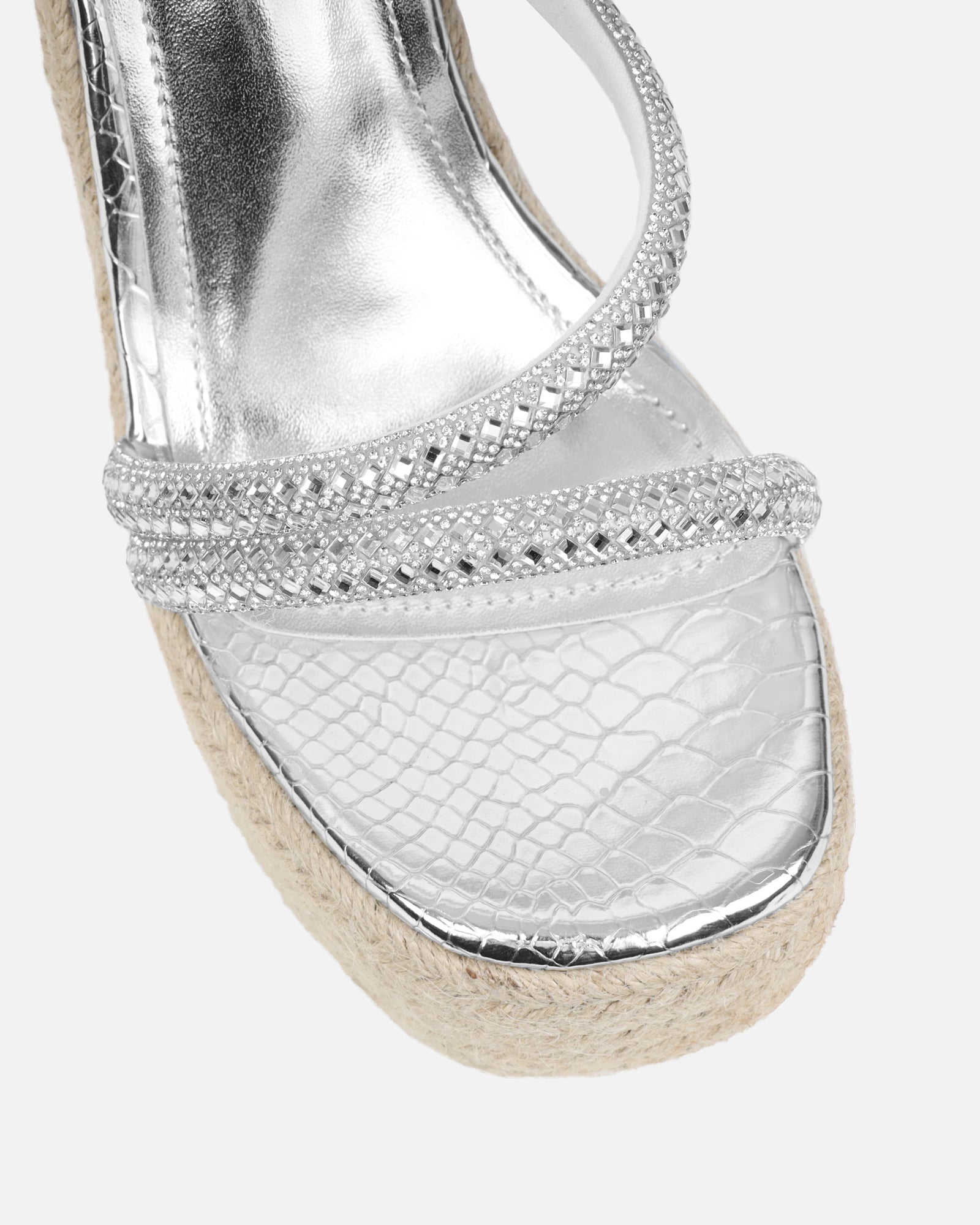 Jama Silver Faux Snake Effect Diamante Espadrille Sandals | SIMMI London