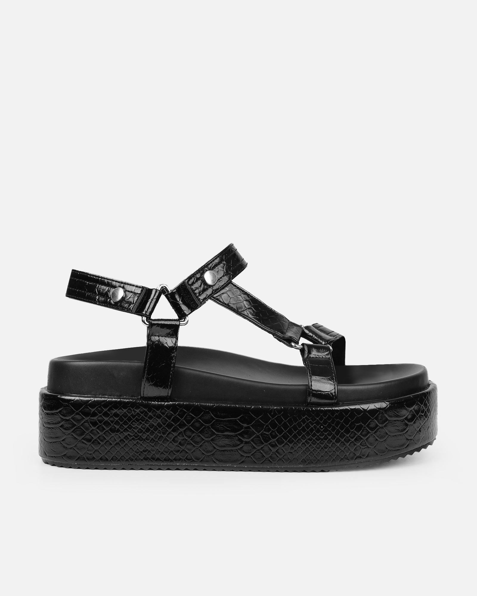 Jamarni Black Croc Print Flatform Sandals | SIMMI London