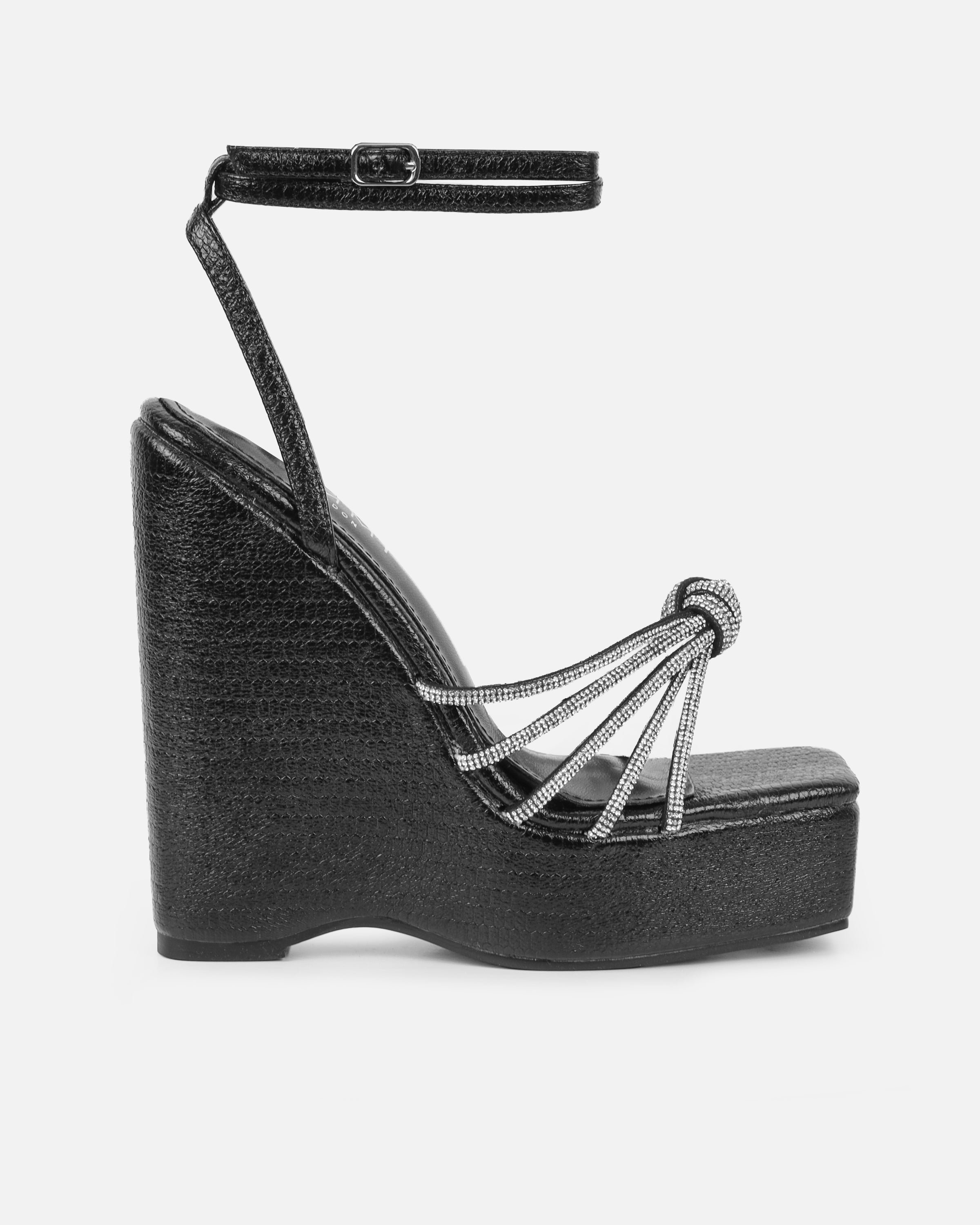 Jayne Black Faux Snake Diamante Wedge Sandals | SIMMI London