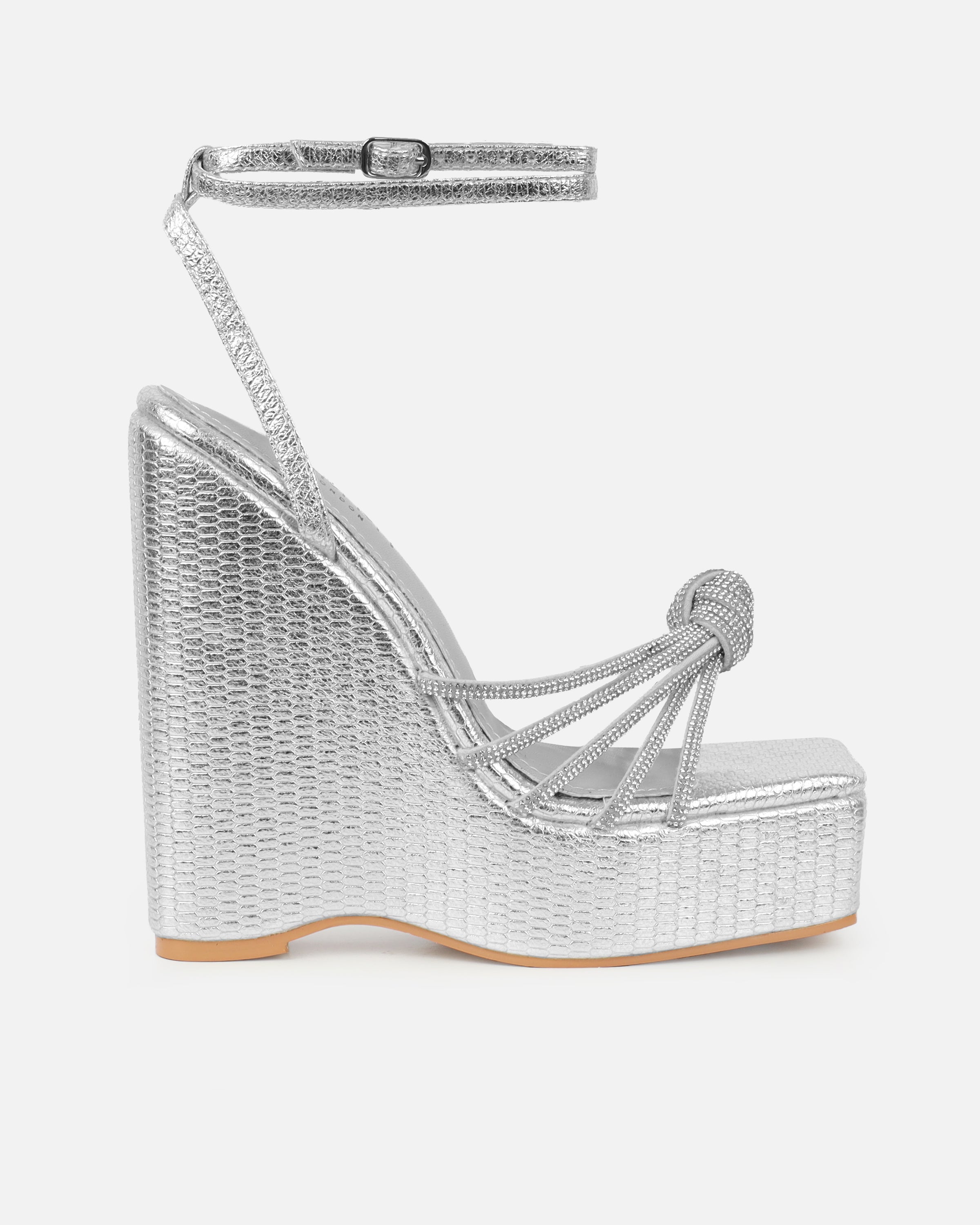 Jayne Silver Faux Snake Diamante Wedge Sandals | SIMMI London 