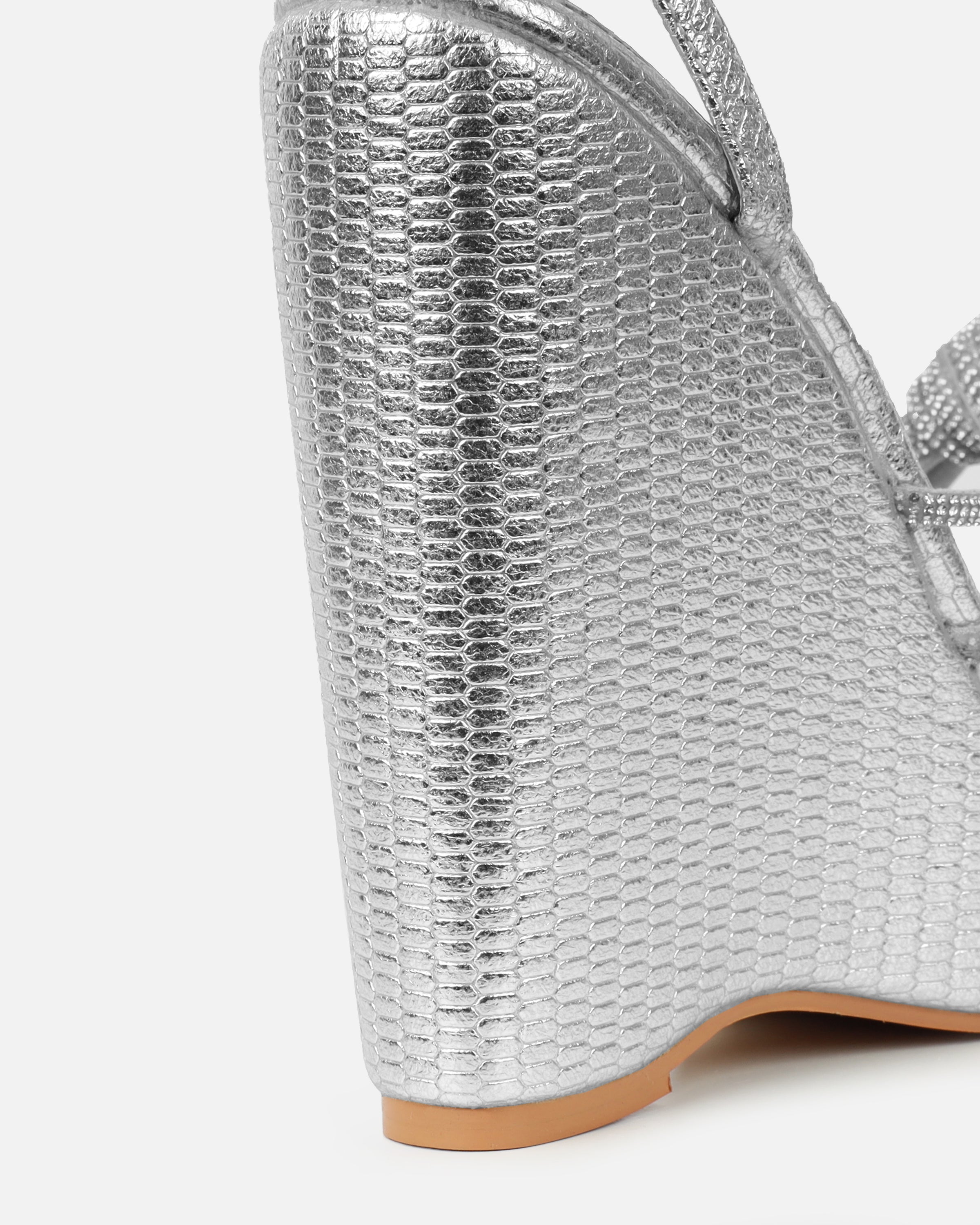 Jayne Silver Faux Snake Diamante Wedge Sandals | SIMMI London 