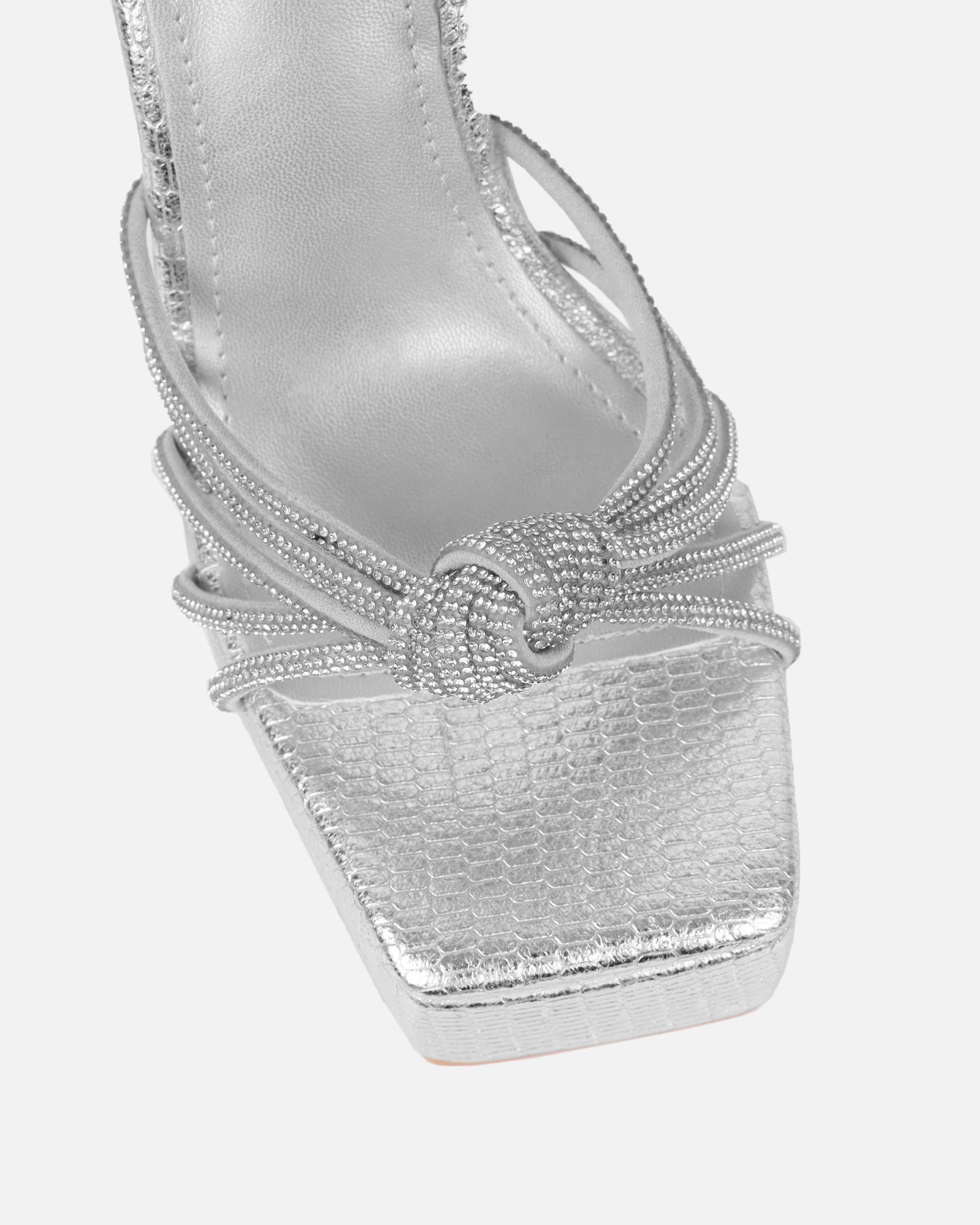 Jayne Silver Faux Snake Diamante Wedge Sandals | SIMMI London 