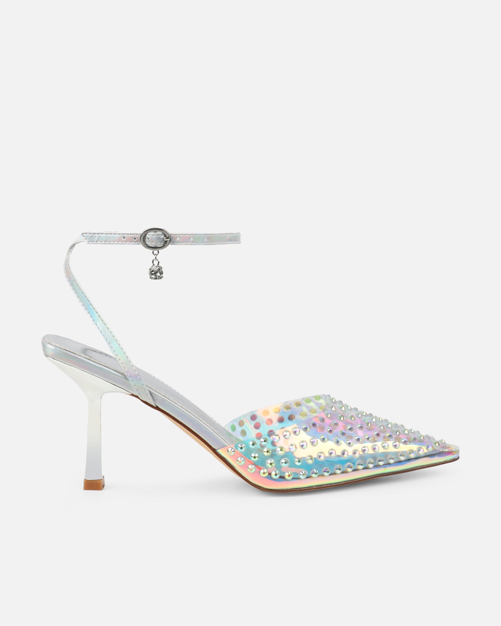 Jazzlyn Clear Silver Iridescent Diamante Mid Heeled Court Shoes | SIMMI London