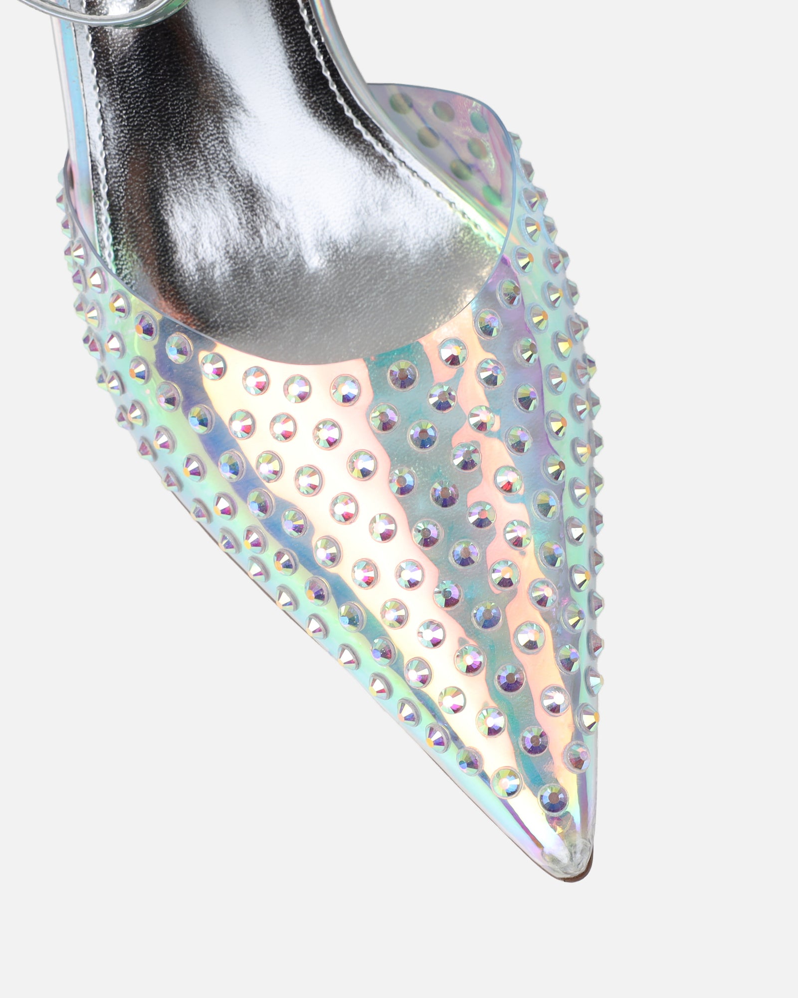 Jazzlyn Clear Silver Iridescent Diamante Mid Heeled Court Shoes | SIMMI London