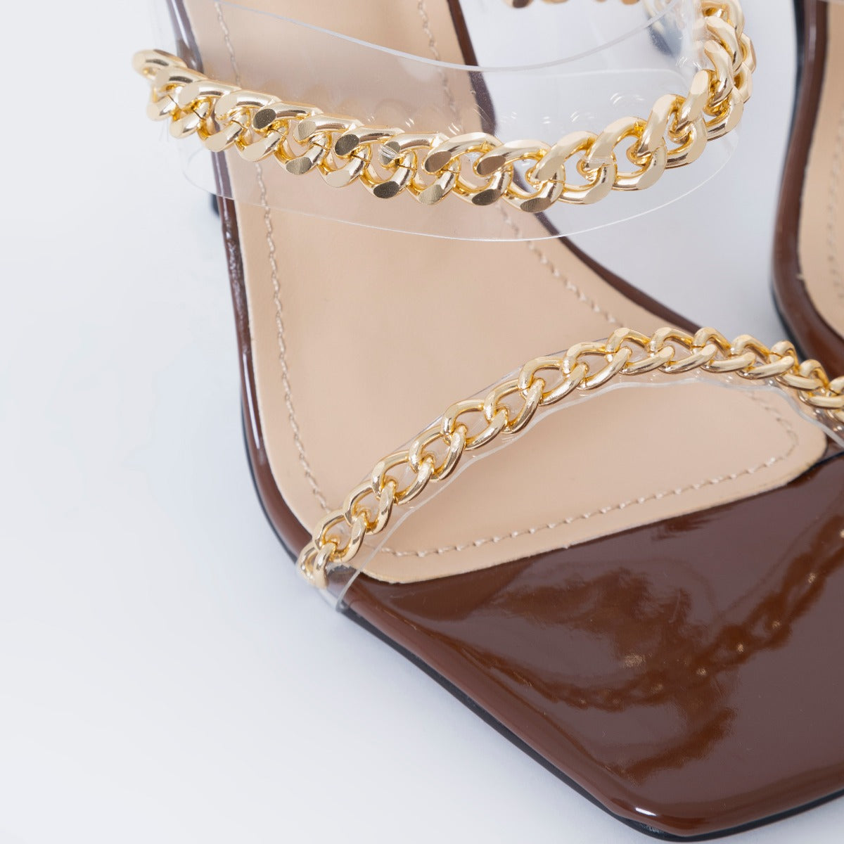 Monsoon Brown Patent Clear Chain Stiletto Mules | SIMMI London
