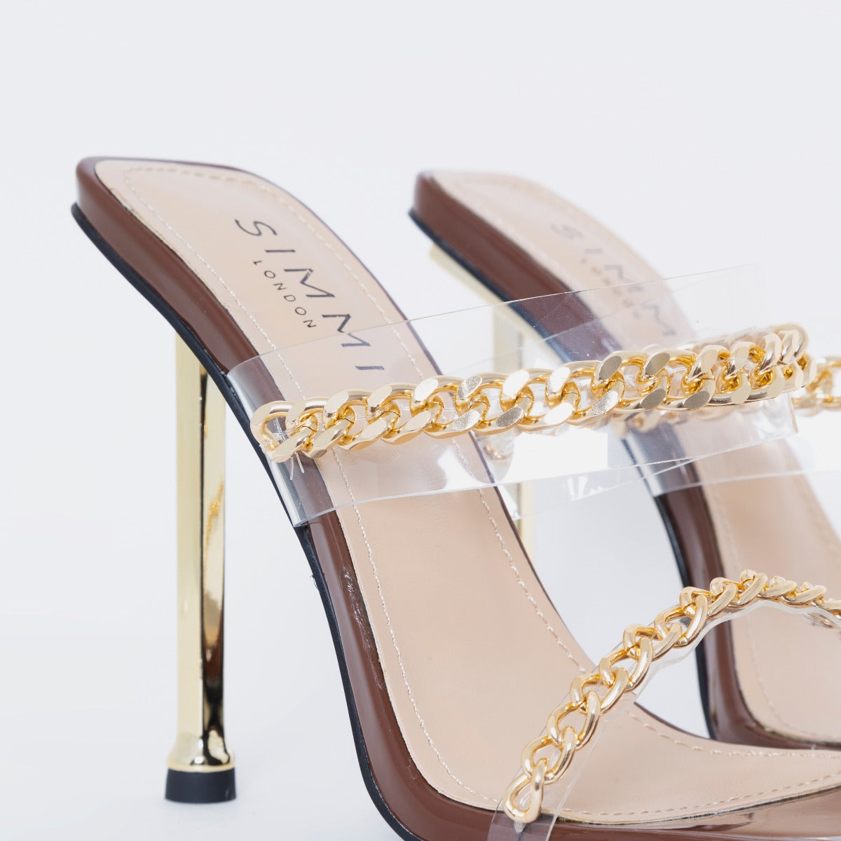 Monsoon Brown Patent Clear Chain Stiletto Mules | SIMMI London