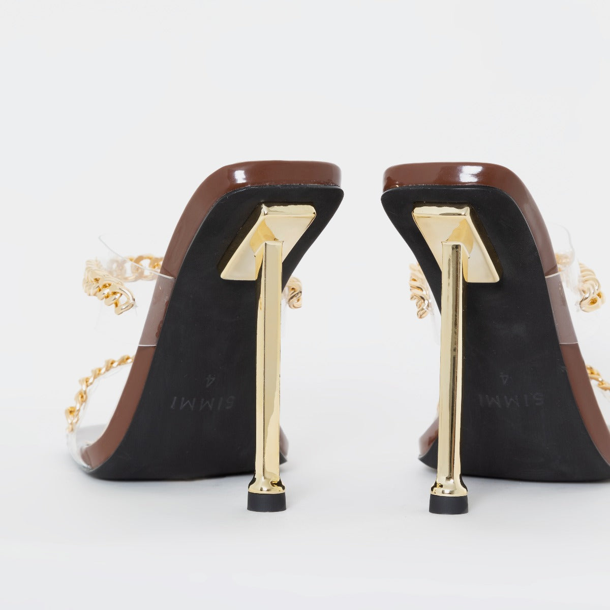 Monsoon Brown Patent Clear Chain Stiletto Mules | SIMMI London