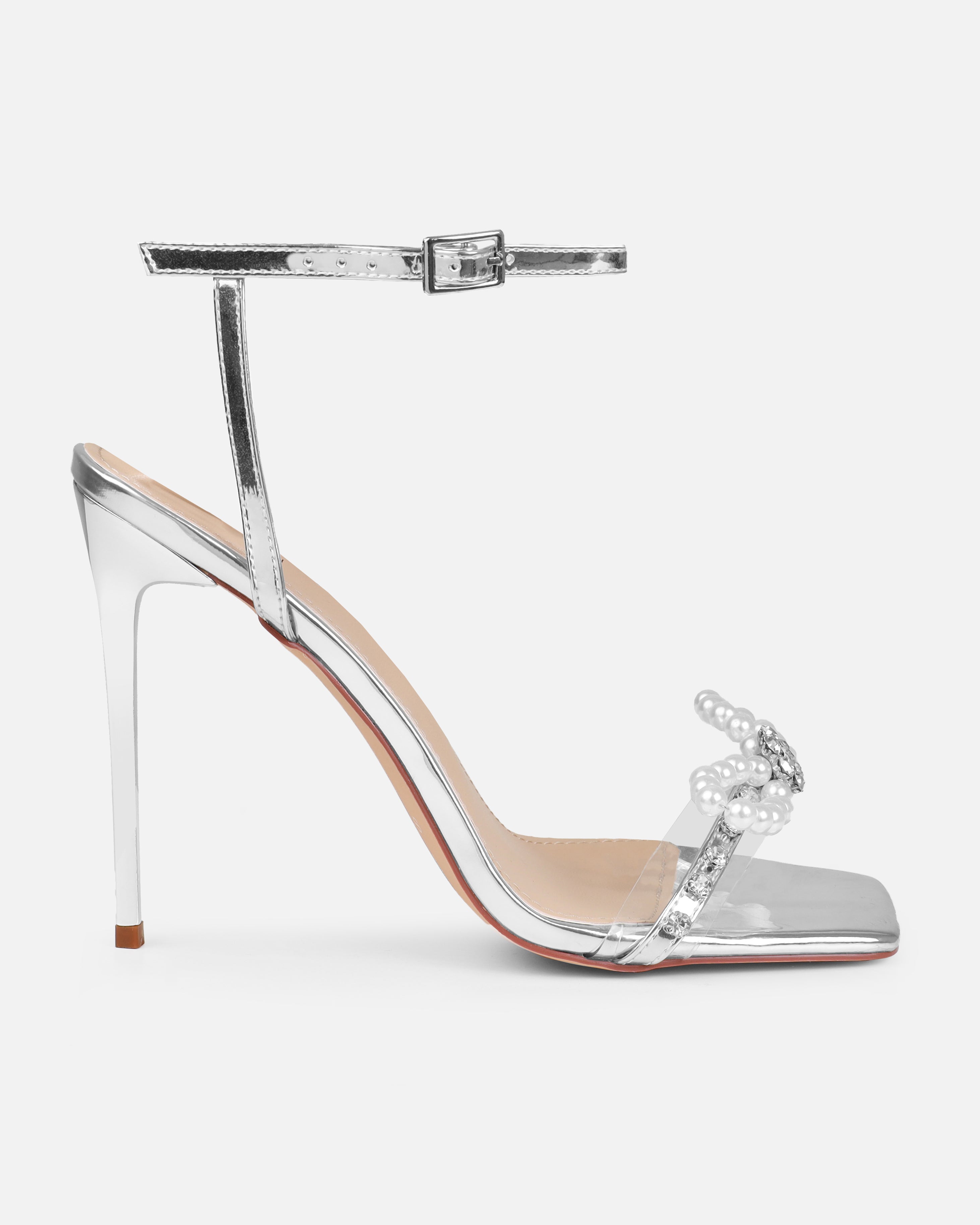 Jolene Silver Mirror Pearl Bow Stiletto Heels | SIMMI London