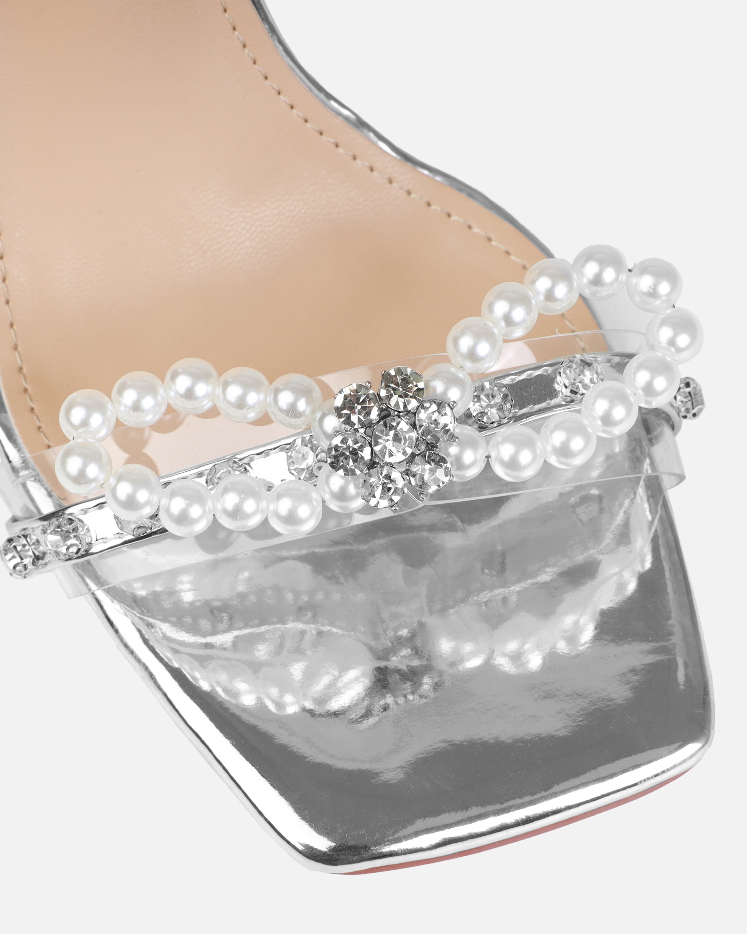 Jolene Silver Mirror Pearl Bow Stiletto Heels | SIMMI London