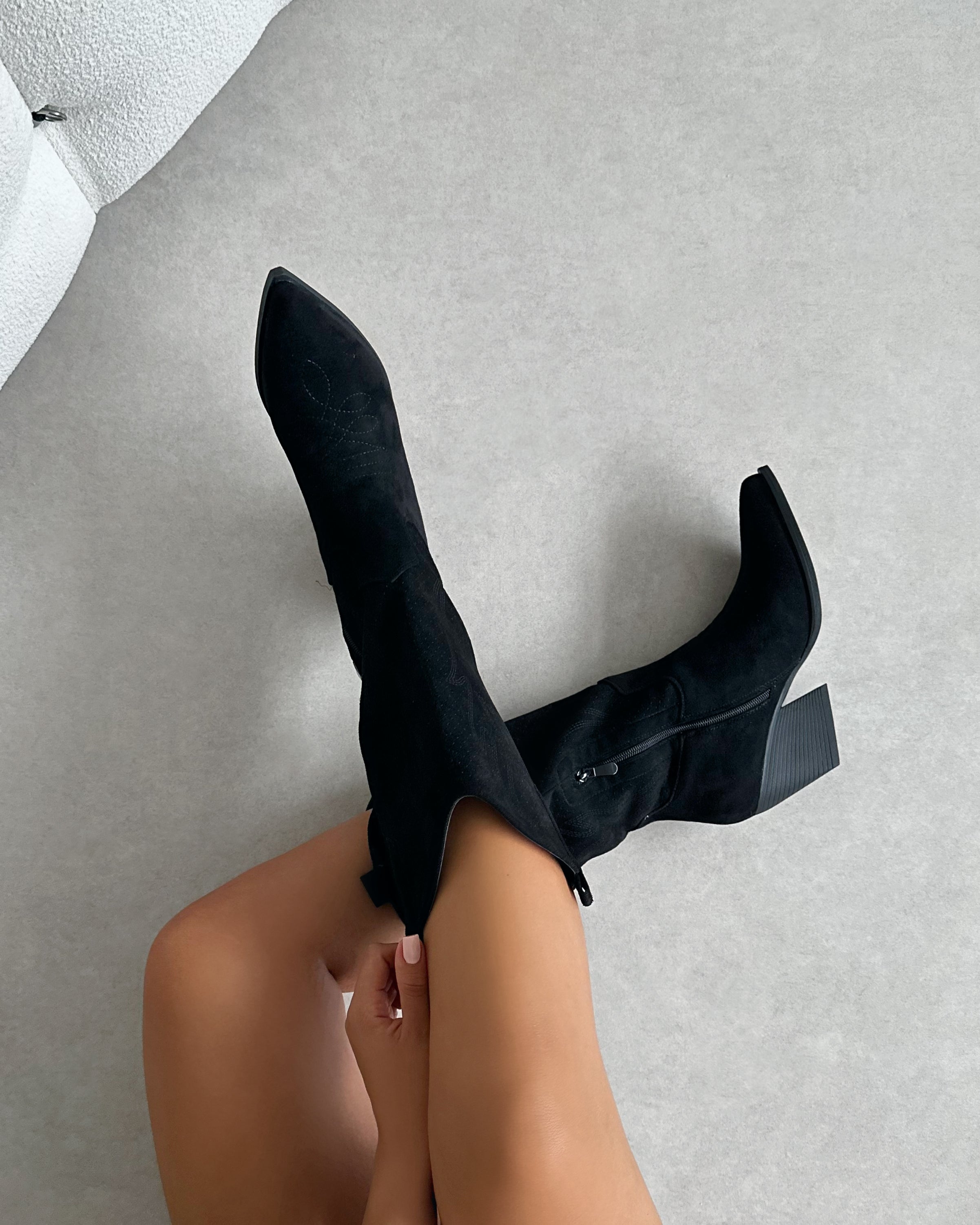 Rainey Black Faux Suede Western Knee High Boots | SIMMI London