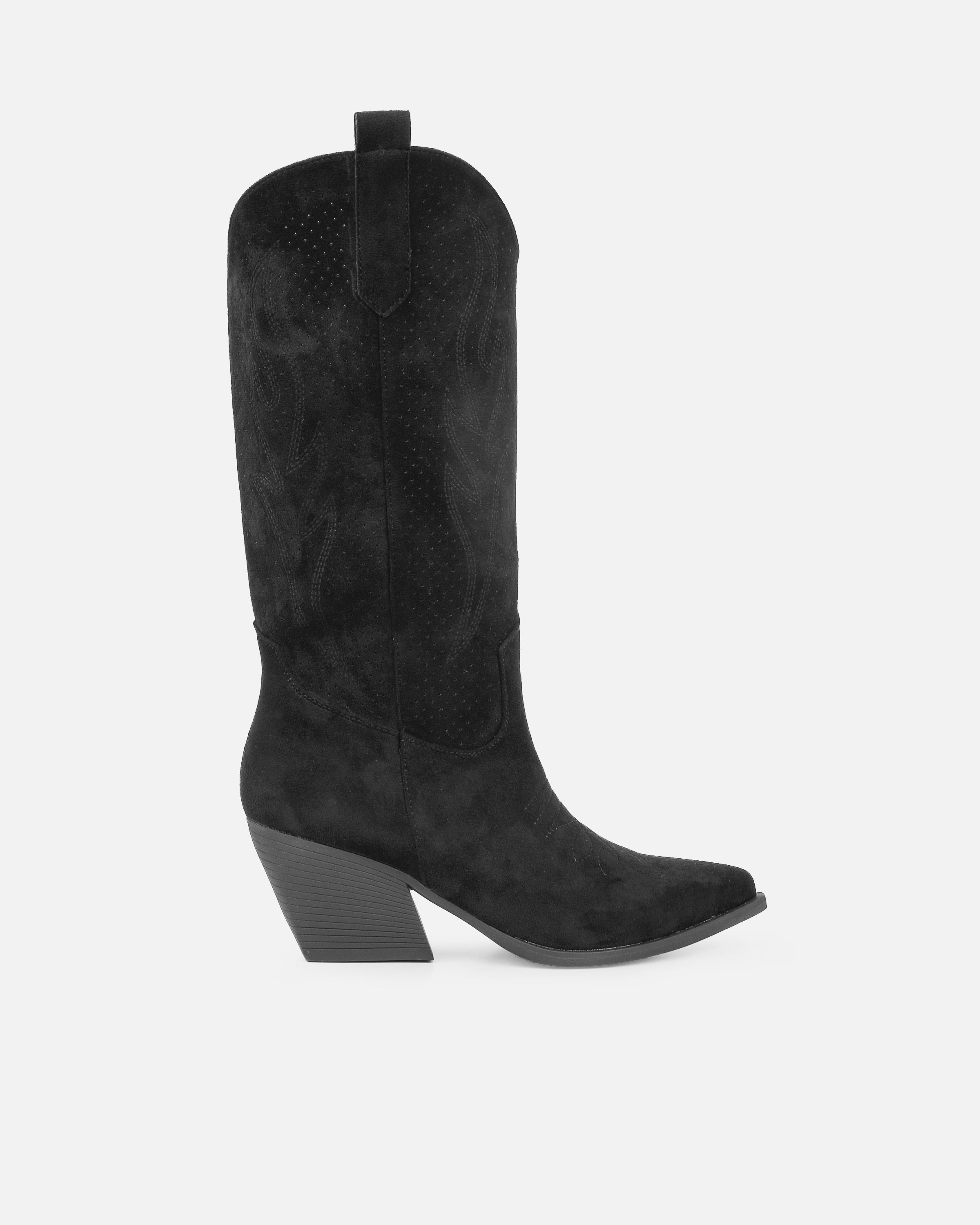 Rainey Black Faux Suede Western Knee High Boots | SIMMI London
