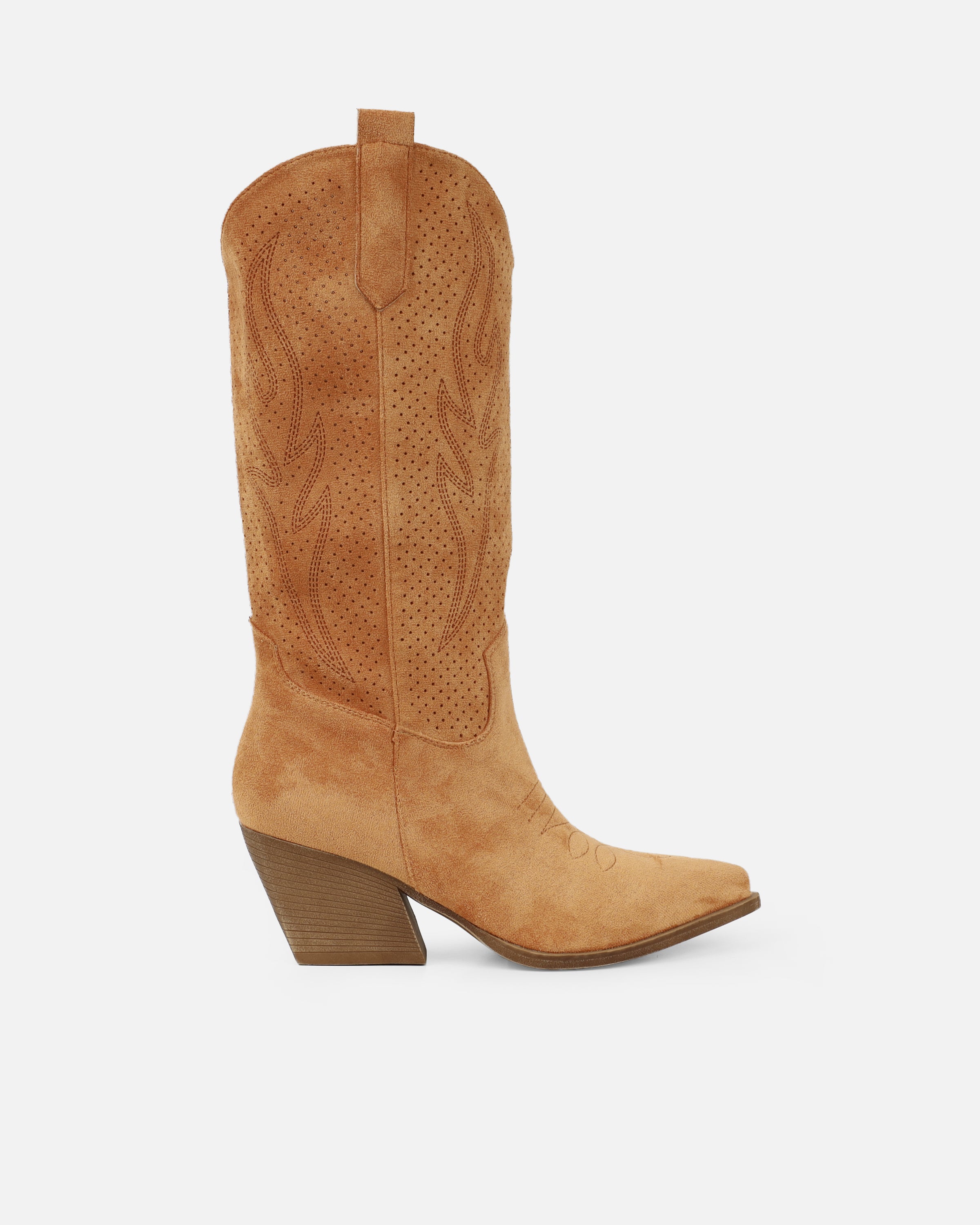 Rainey Tan Faux Suede Western Knee High Boots | SIMMI London