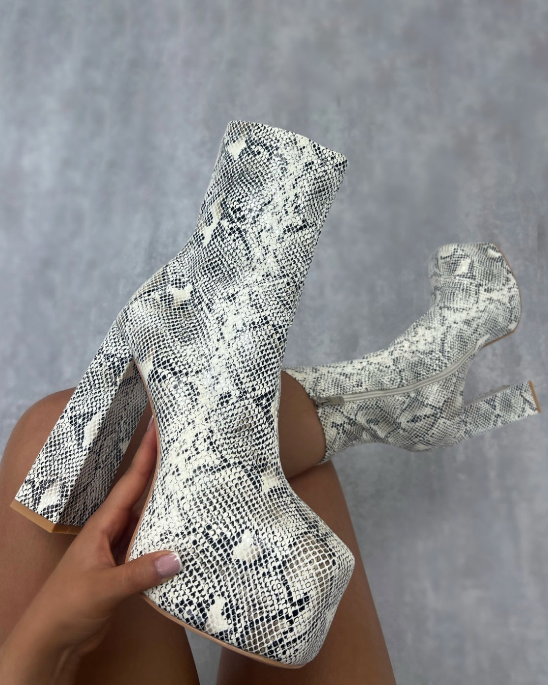 Foster Neutral Faux Snake Print Platform Block Heel Ankle Boots | SIMMI London