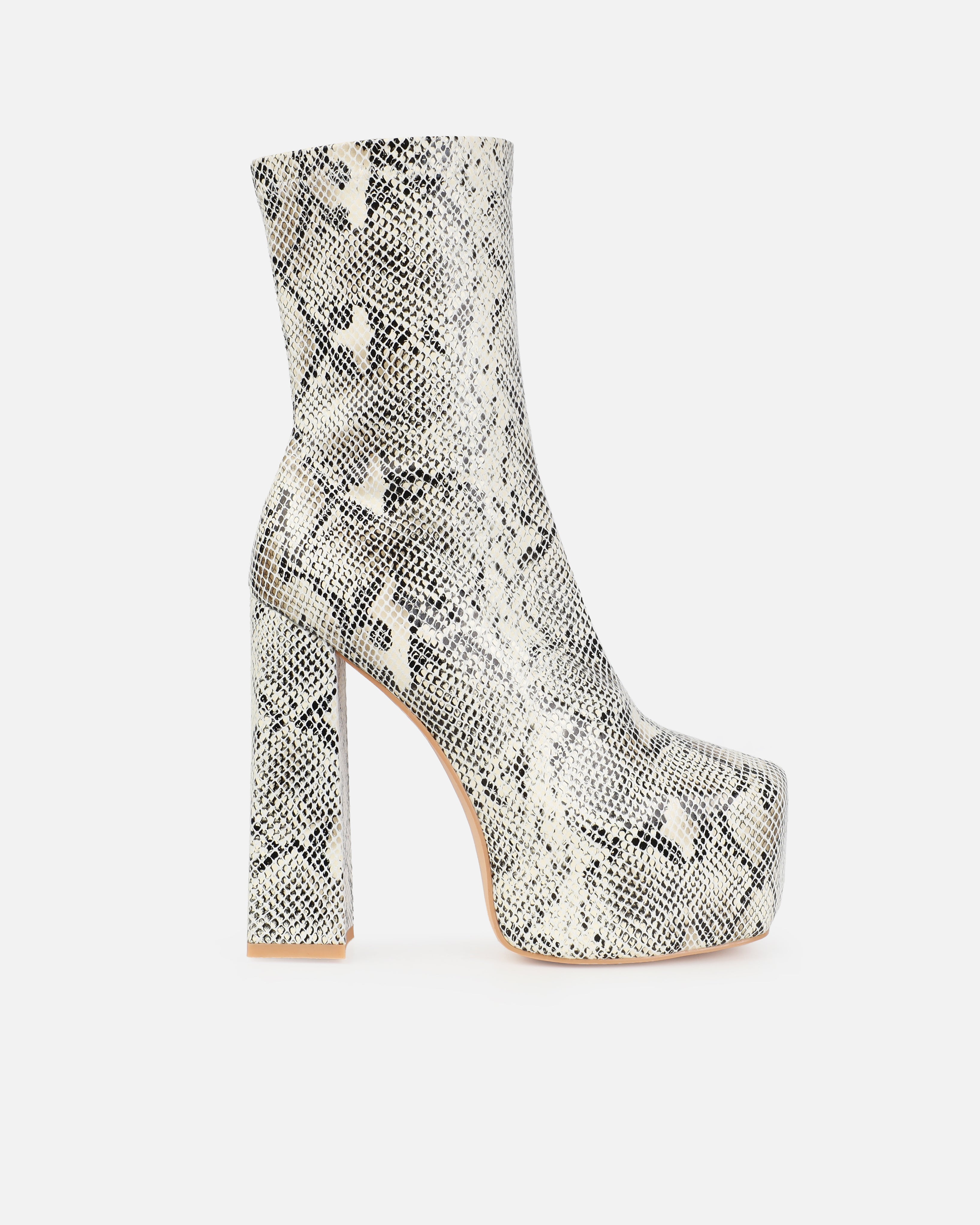 Foster Neutral Faux Snake Print Platform Block Heel Ankle Boots | SIMMI London