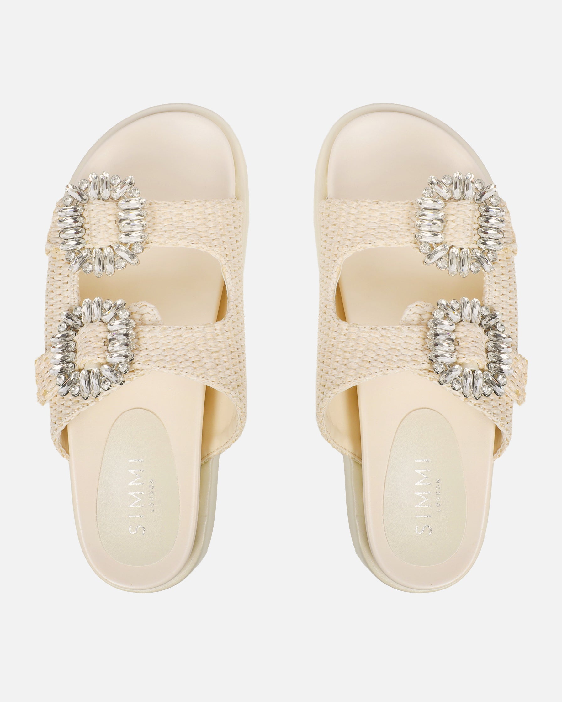 Juliette Beige Raffia Effect Diamante Slider Sandals | SIMMI London