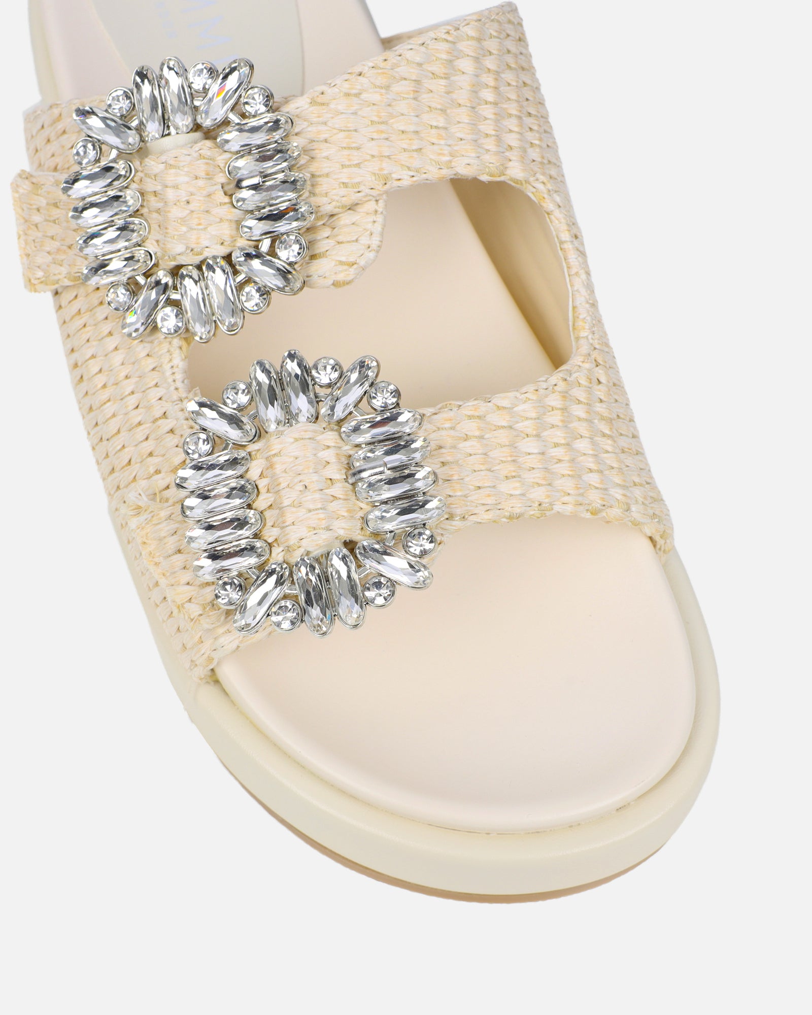 Juliette Beige Raffia Effect Diamante Slider Sandals | SIMMI London
