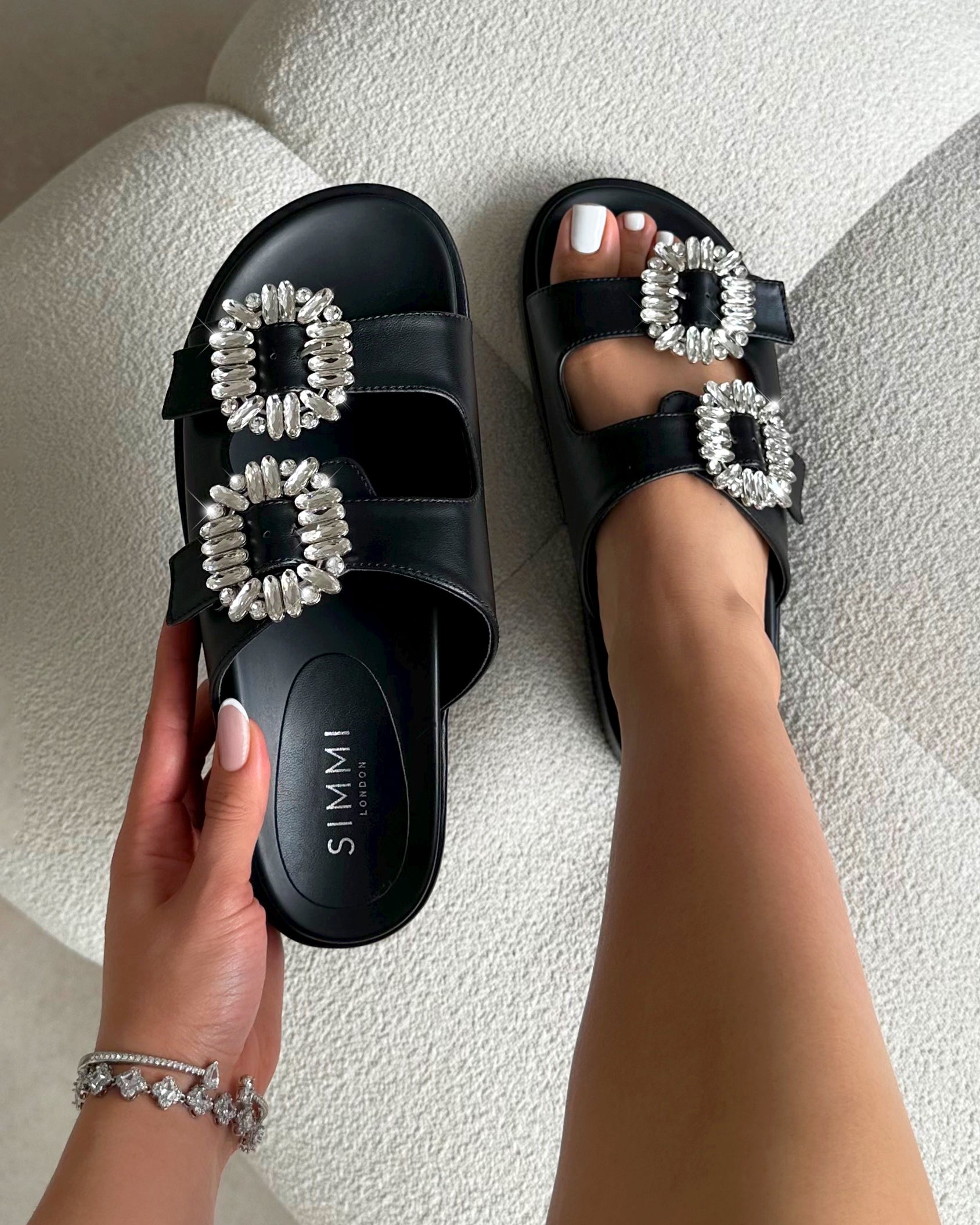Juliette Black Diamante Slider Sandals | SIMMI London