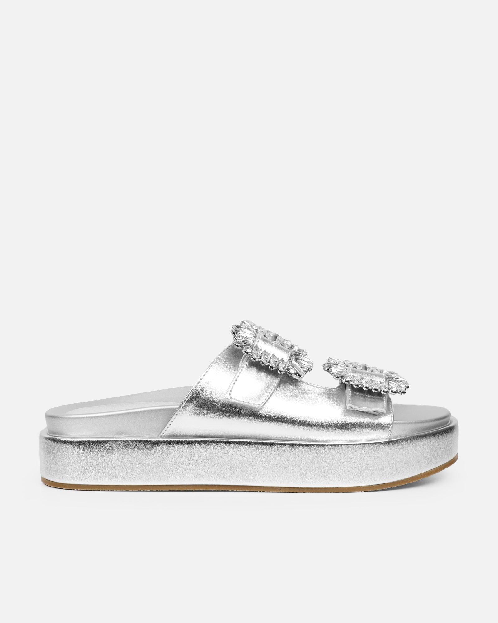 Juliette Silver Metallic Diamante Slider Sandals | SIMMI London