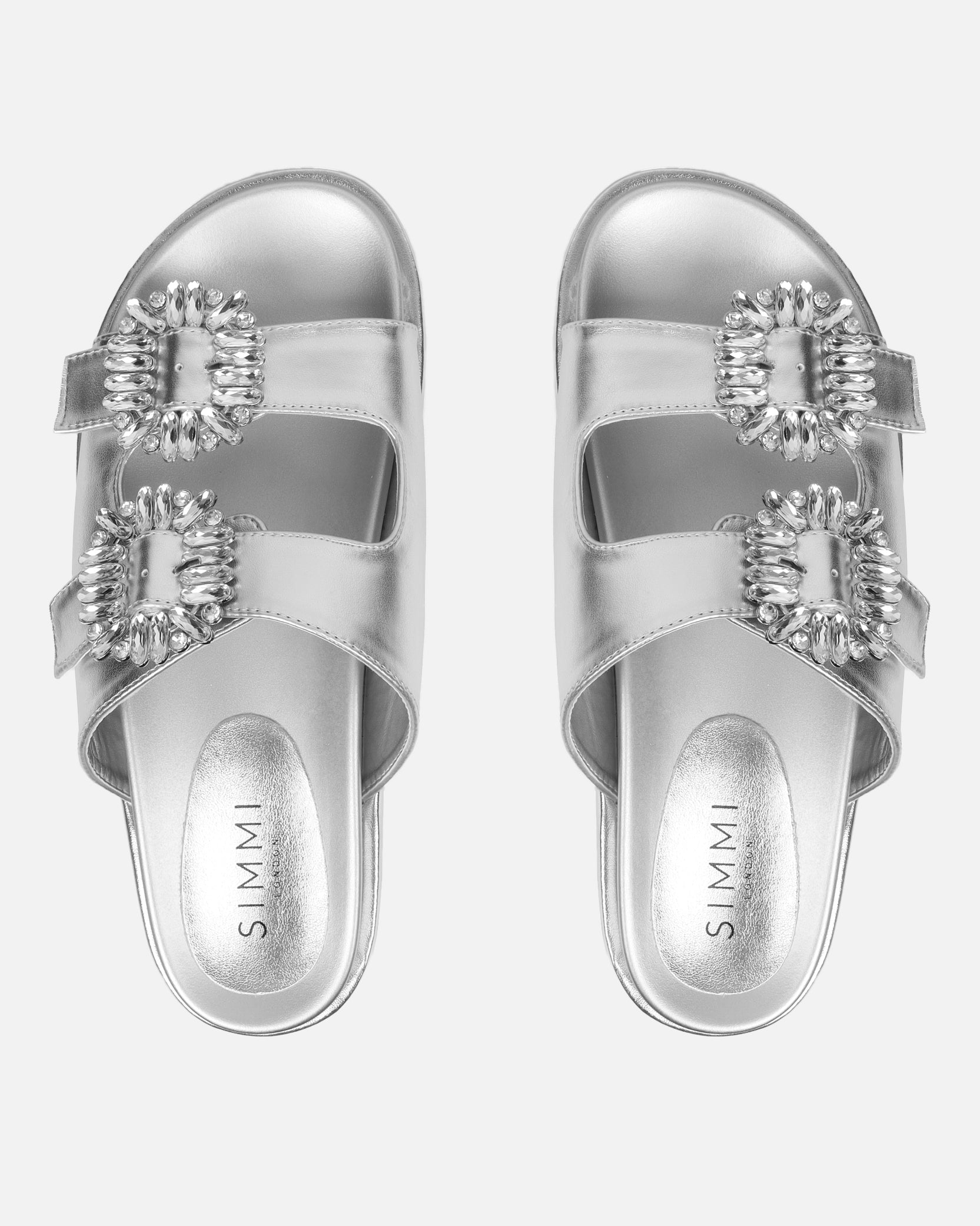 Juliette Silver Metallic Diamante Slider Sandals | SIMMI London