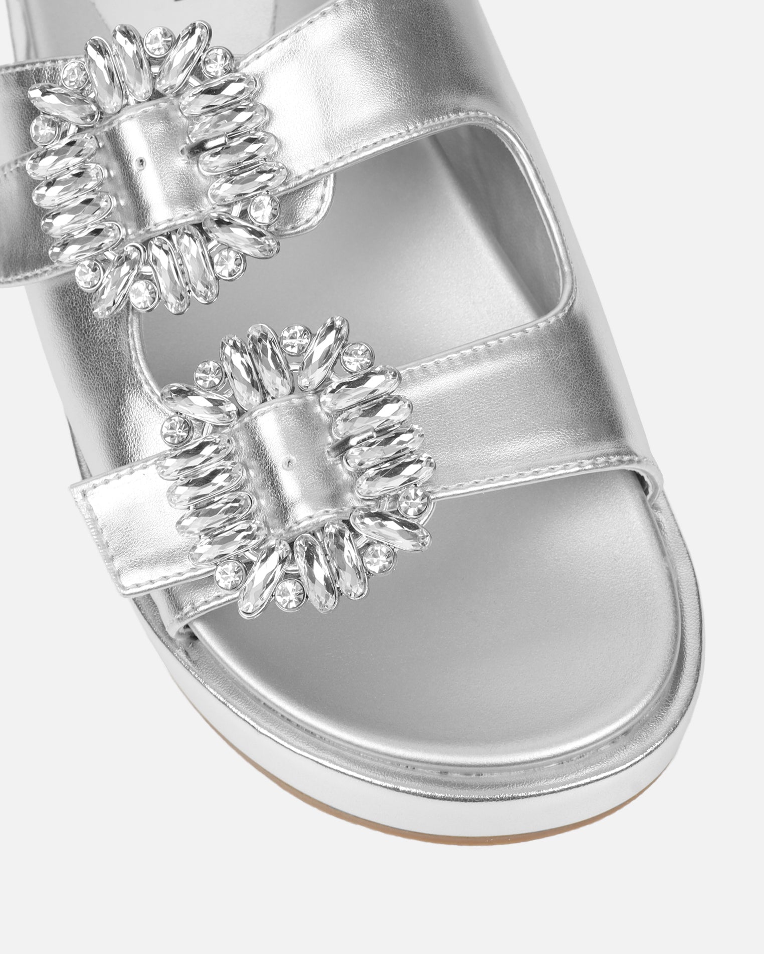 Juliette Silver Metallic Diamante Slider Sandals | SIMMI London