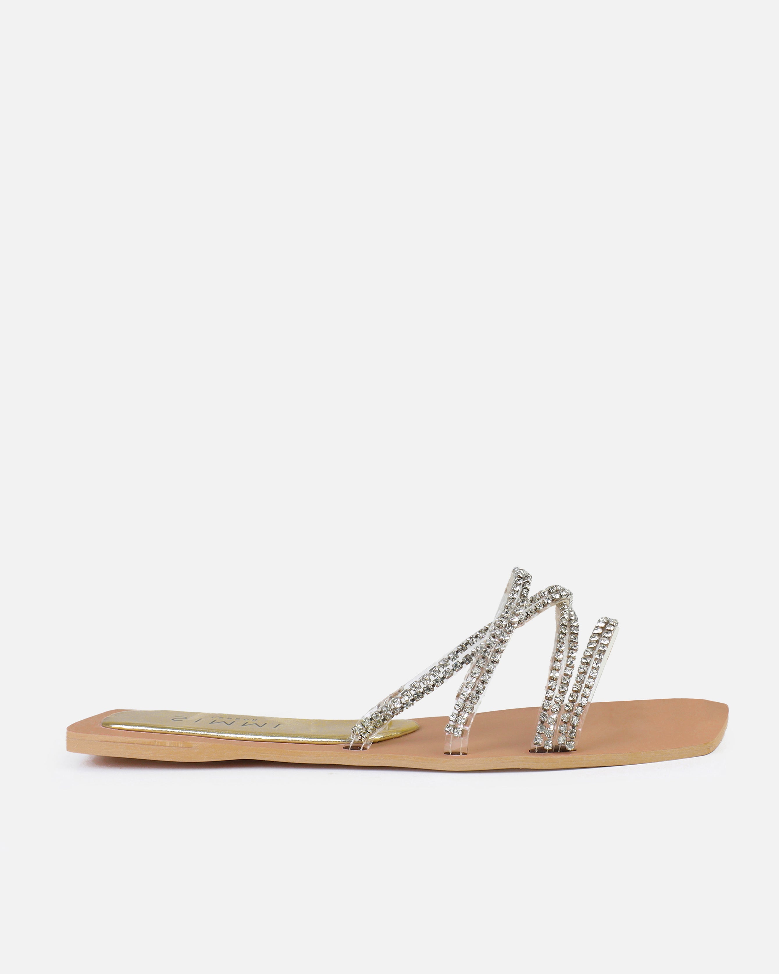 Juniper Gold Clear Diamante Strappy Flat Sandals | SIMMI London