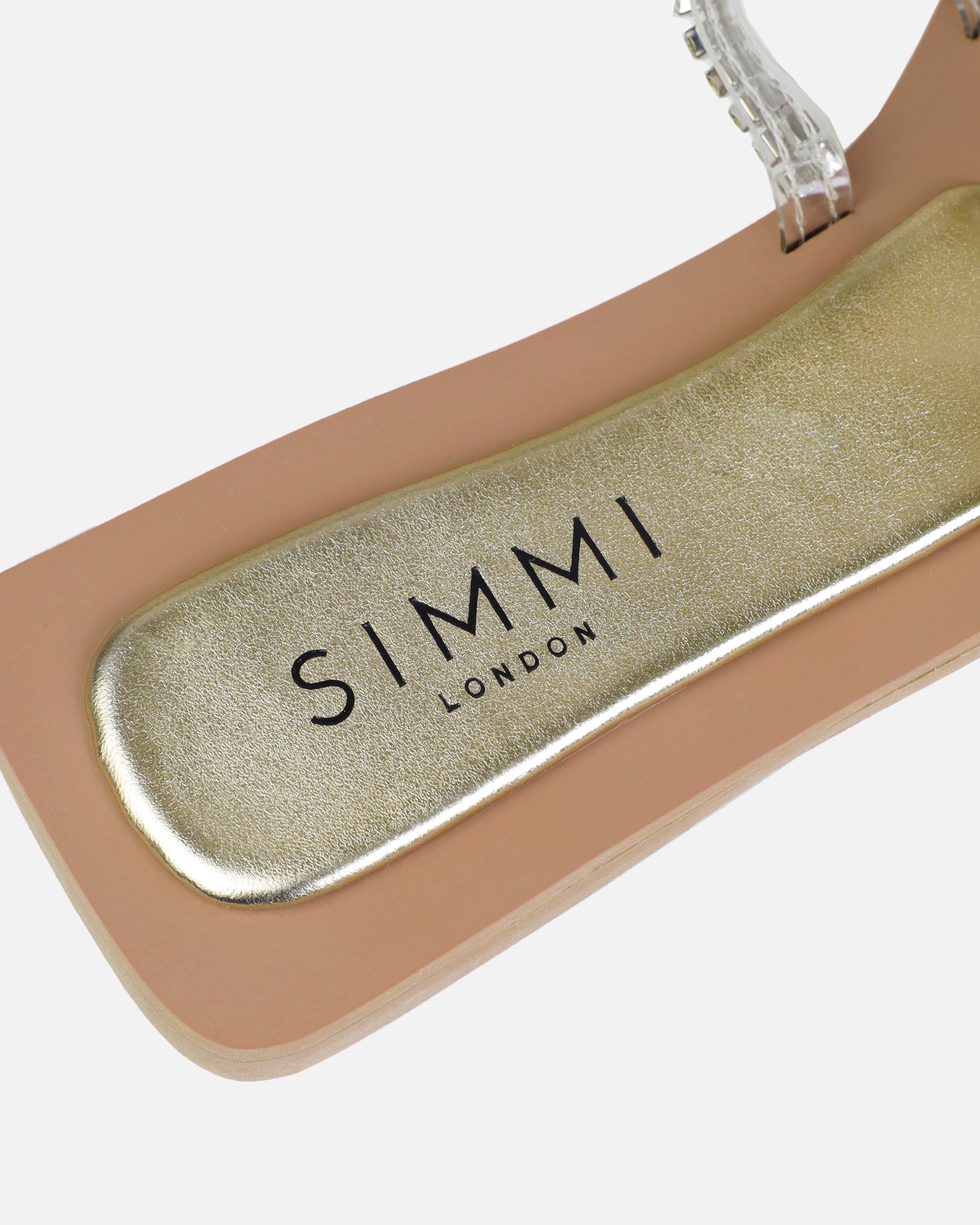 Juniper Gold Clear Diamante Strappy Flat Sandals | SIMMI London