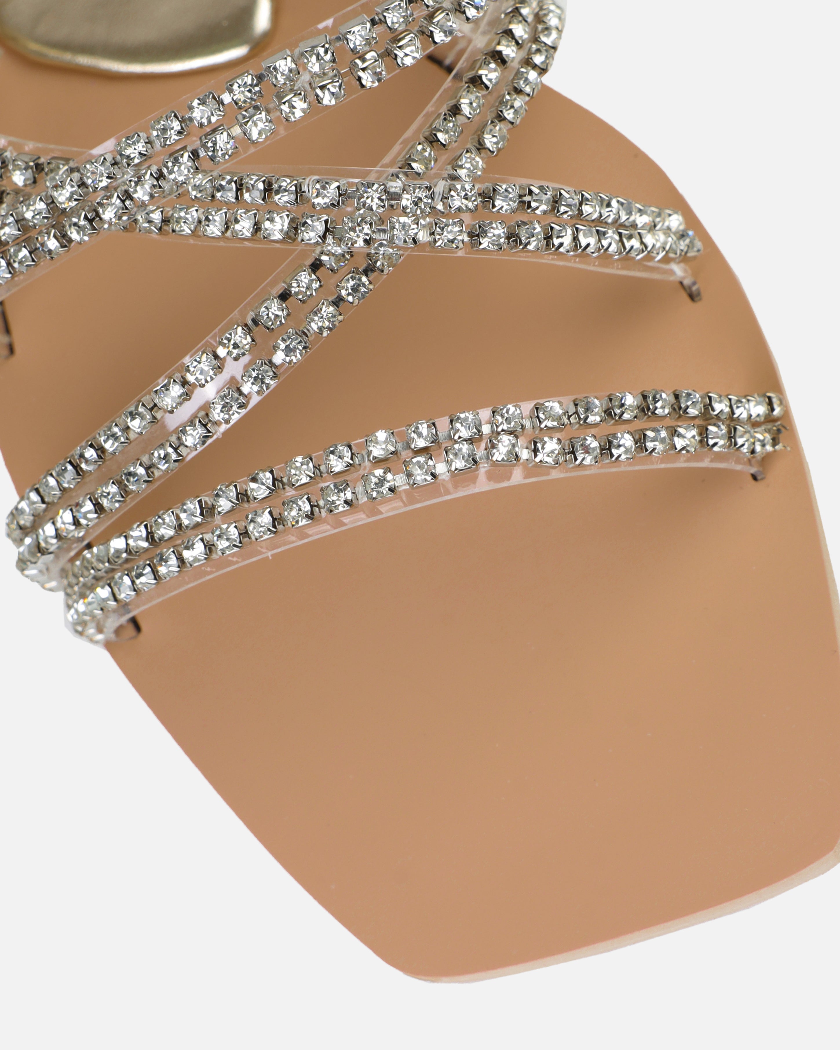 Juniper Gold Clear Diamante Strappy Flat Sandals | SIMMI London