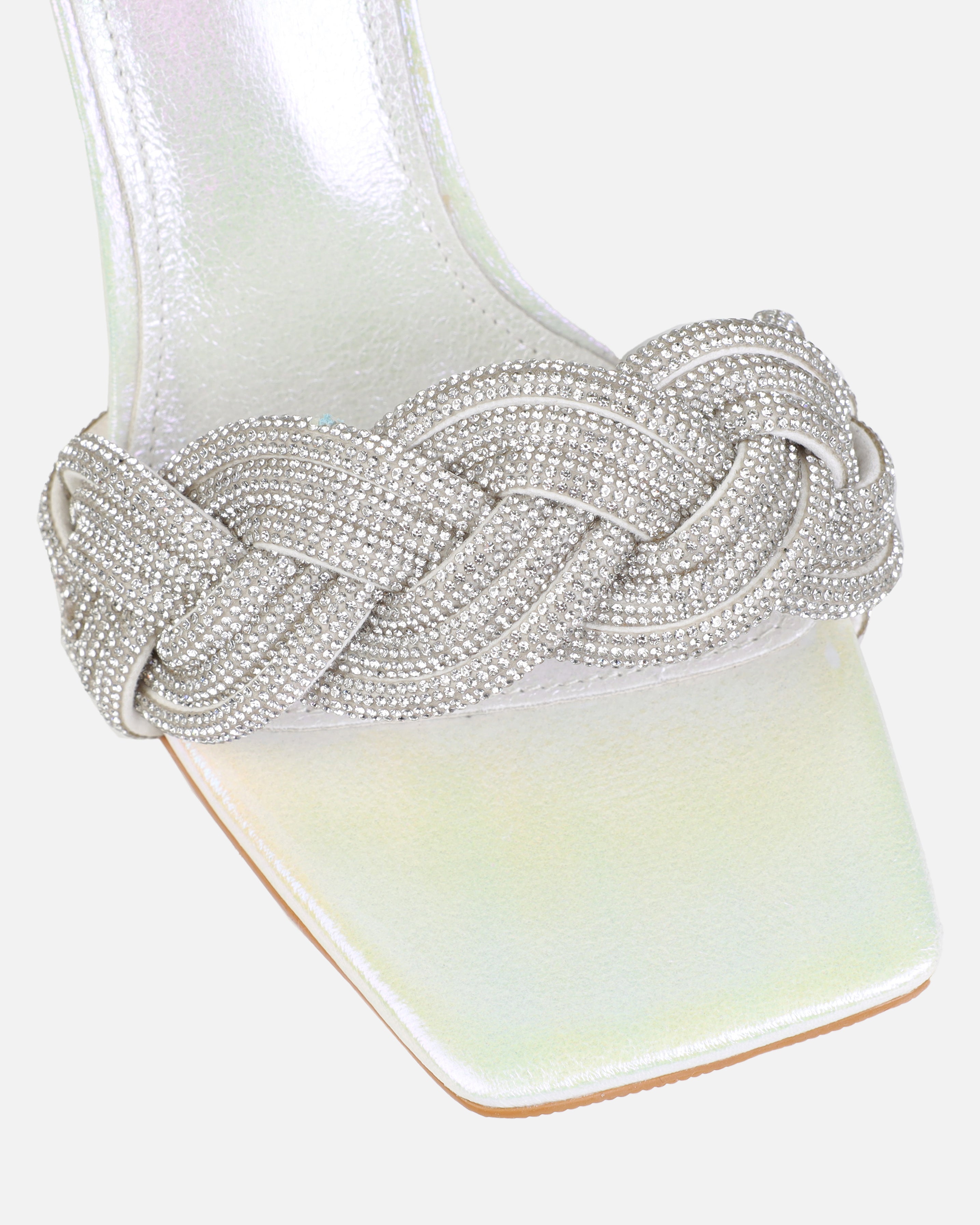 Juno White Iridescent Diamante Mules | SIMMI London