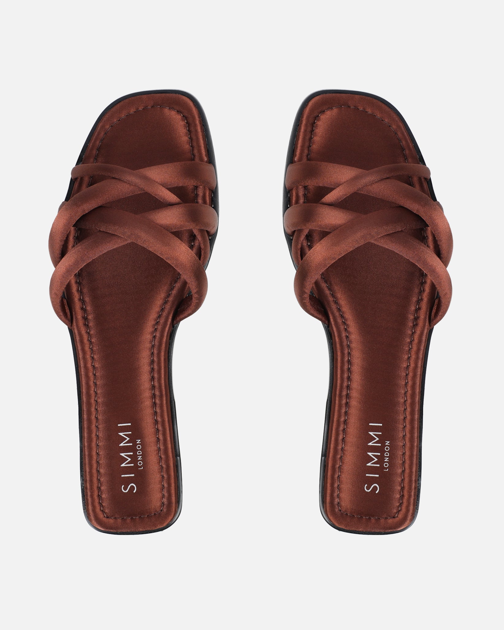 Kina brown satin padded slip on flat sandals | SIMMI London