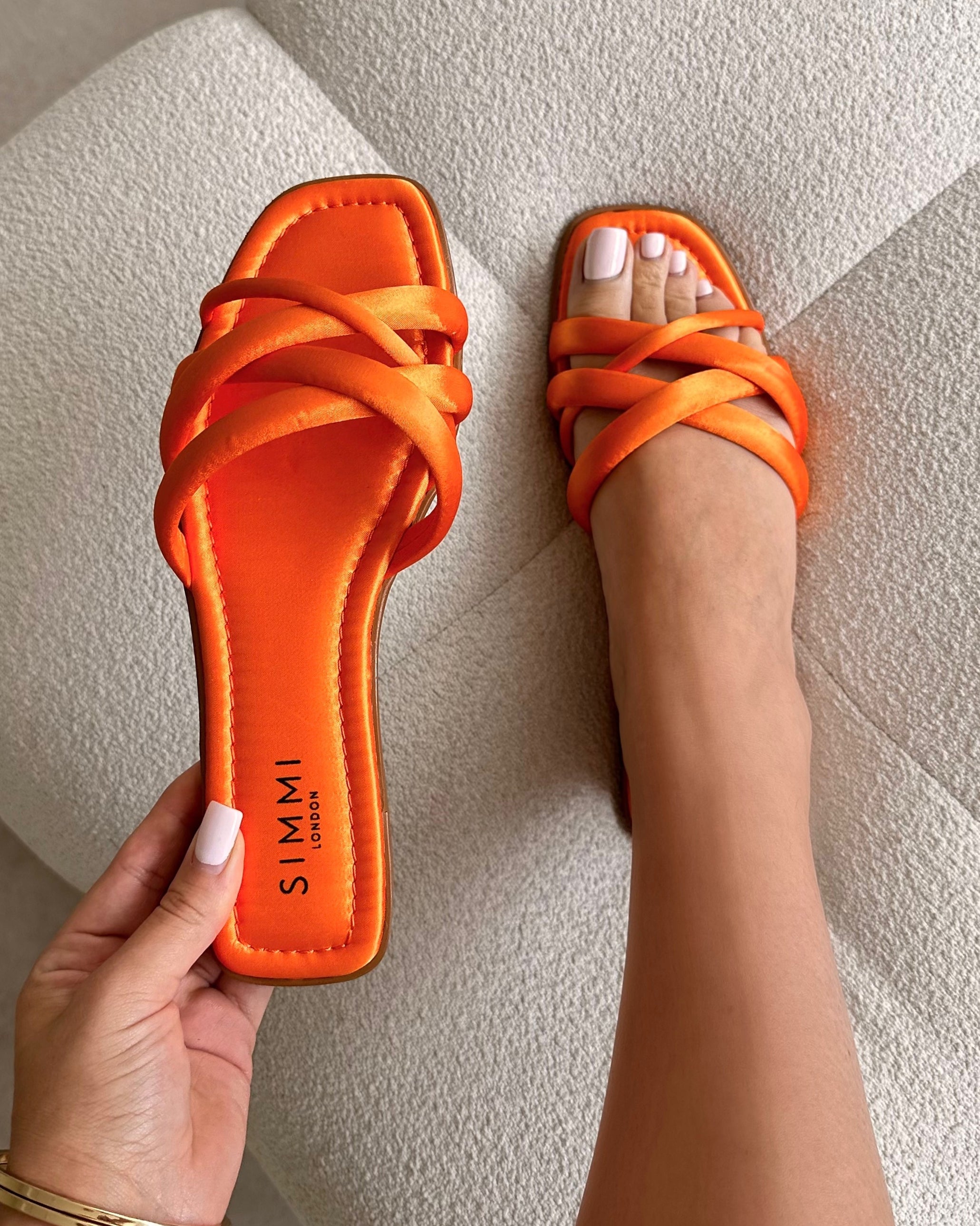 Kina Orange Satin Padded Slip On Flat Sandals | SIMMI London