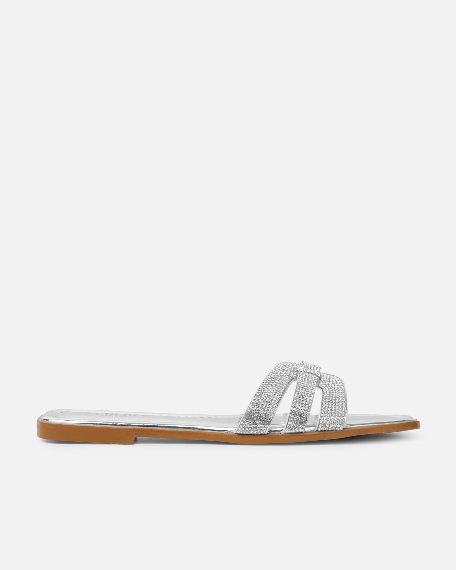 Jorji Silver Mirror Diamante Slip On Flat Sandals | SIMMI London