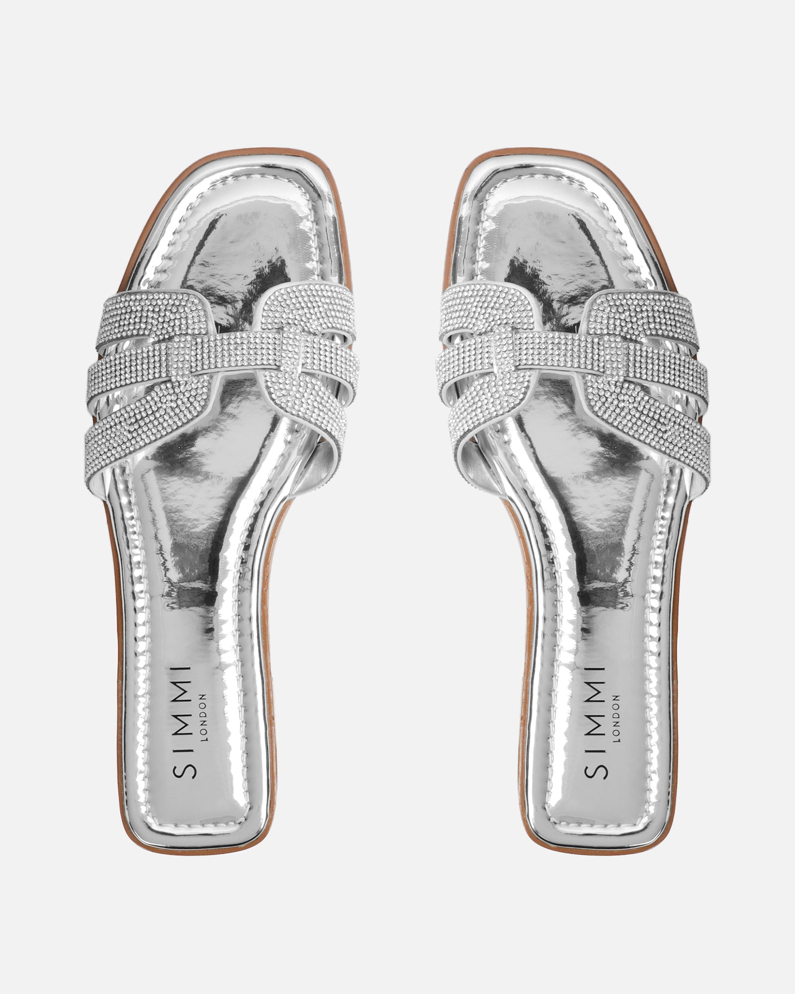 Jorji Silver Mirror Diamante Slip On Flat Sandals | SIMMI London