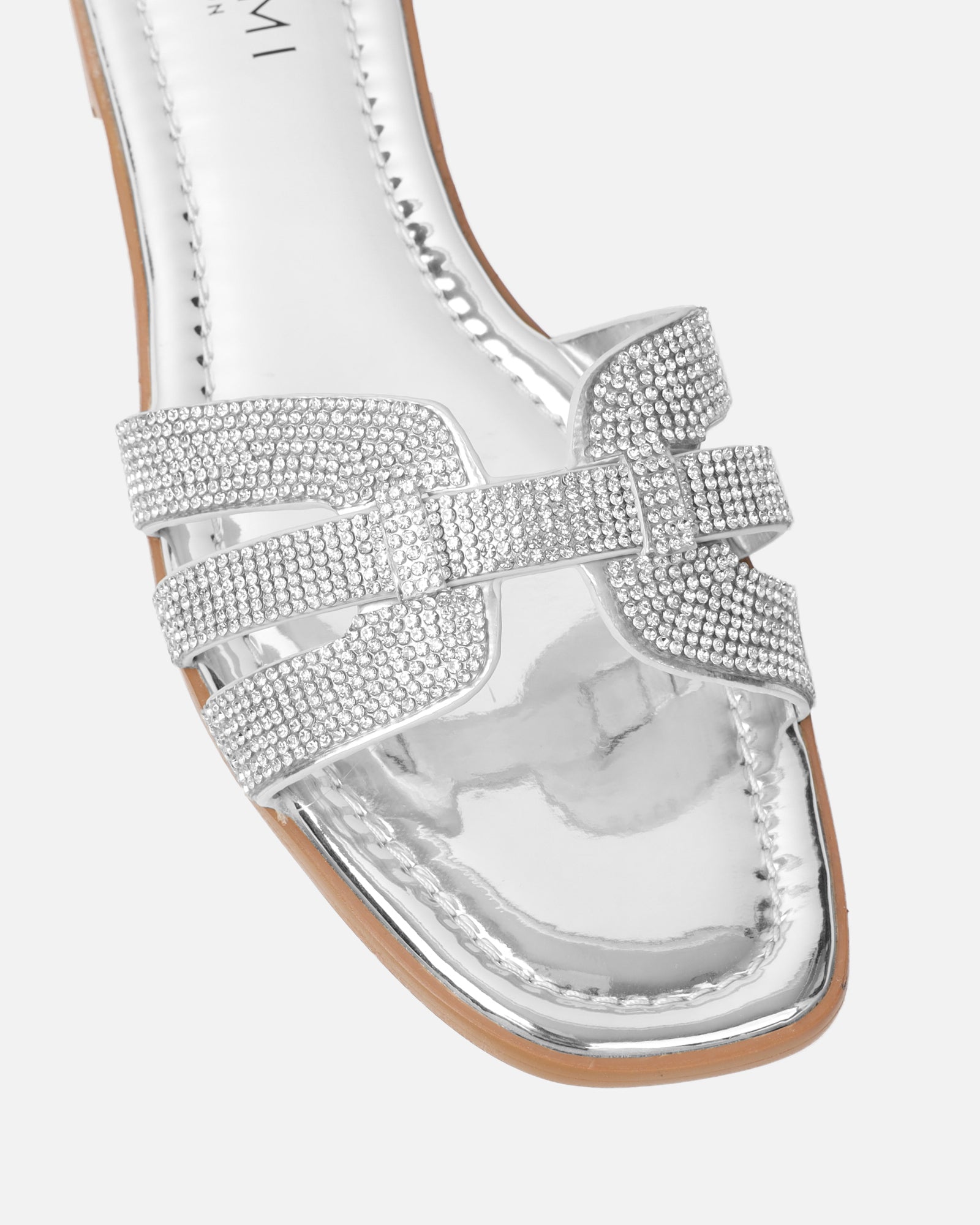 Jorji Silver Mirror Diamante Slip On Flat Sandals | SIMMI London