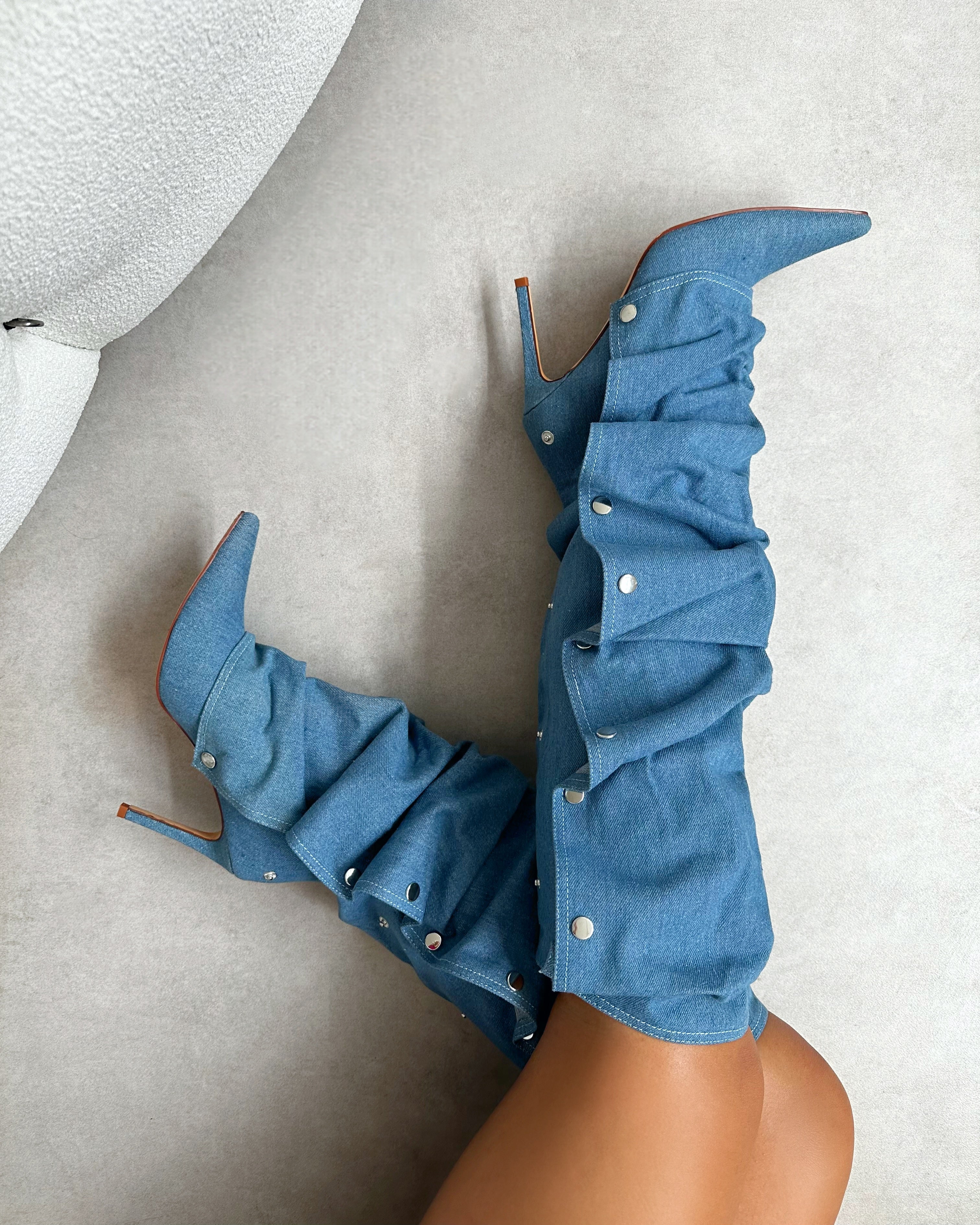 Kaii Blue Denim Popper Detail Knee Boots | SIMMI London