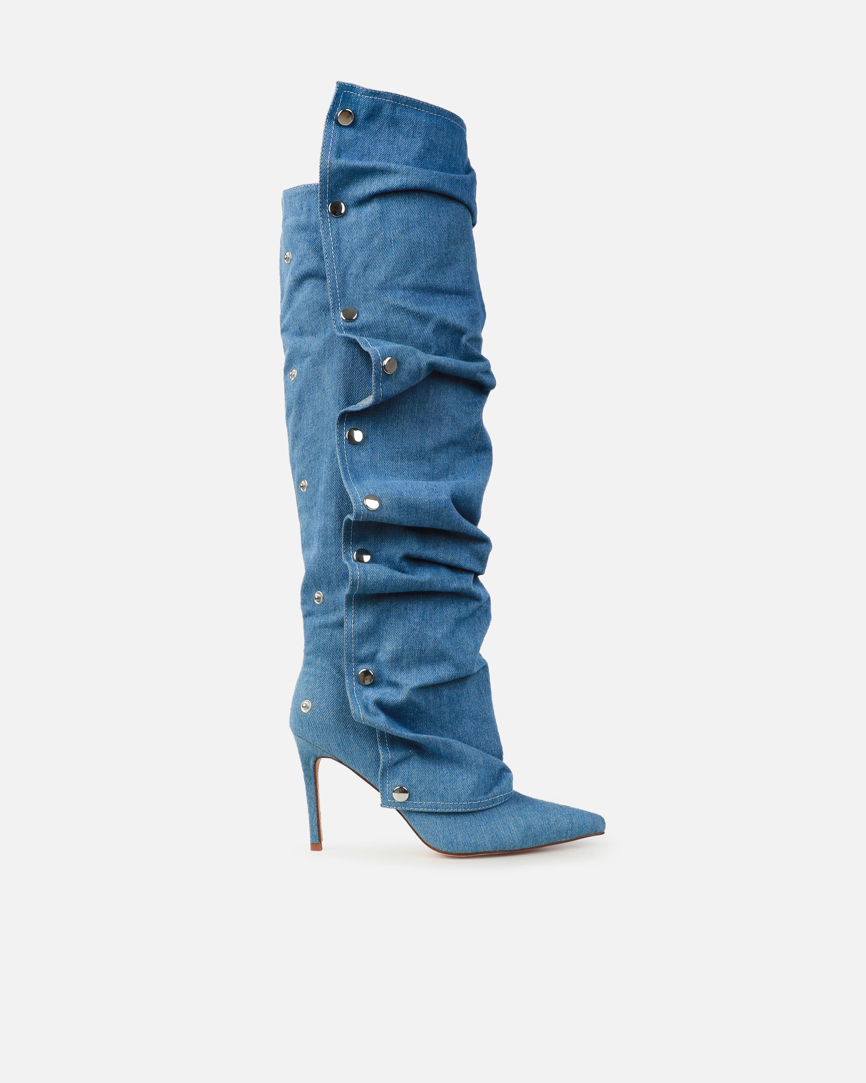 Kaii Blue Denim Popper Detail Knee High Boots UK EU 36 US