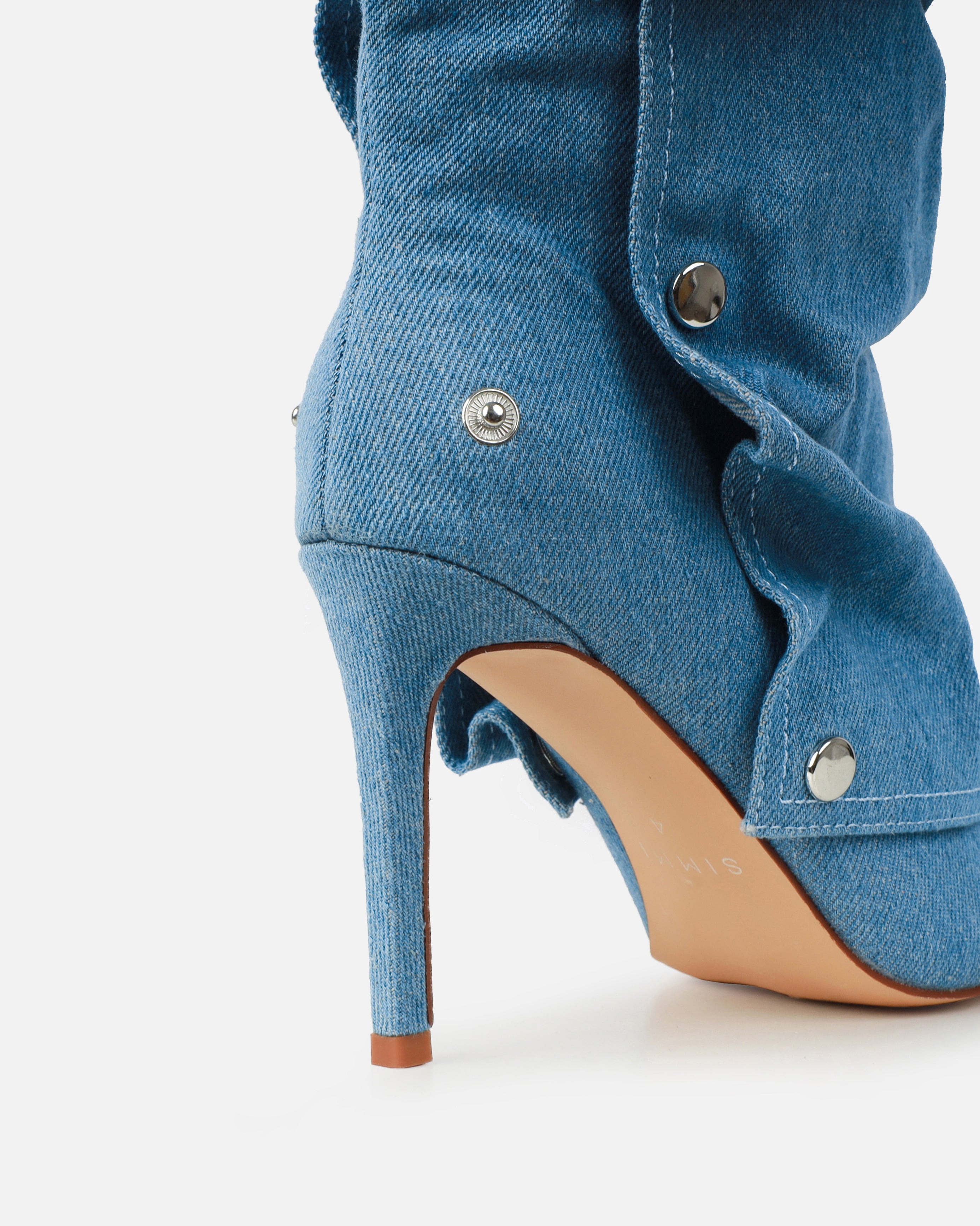Kaii Blue Denim Popper Detail Knee Boots | SIMMI London