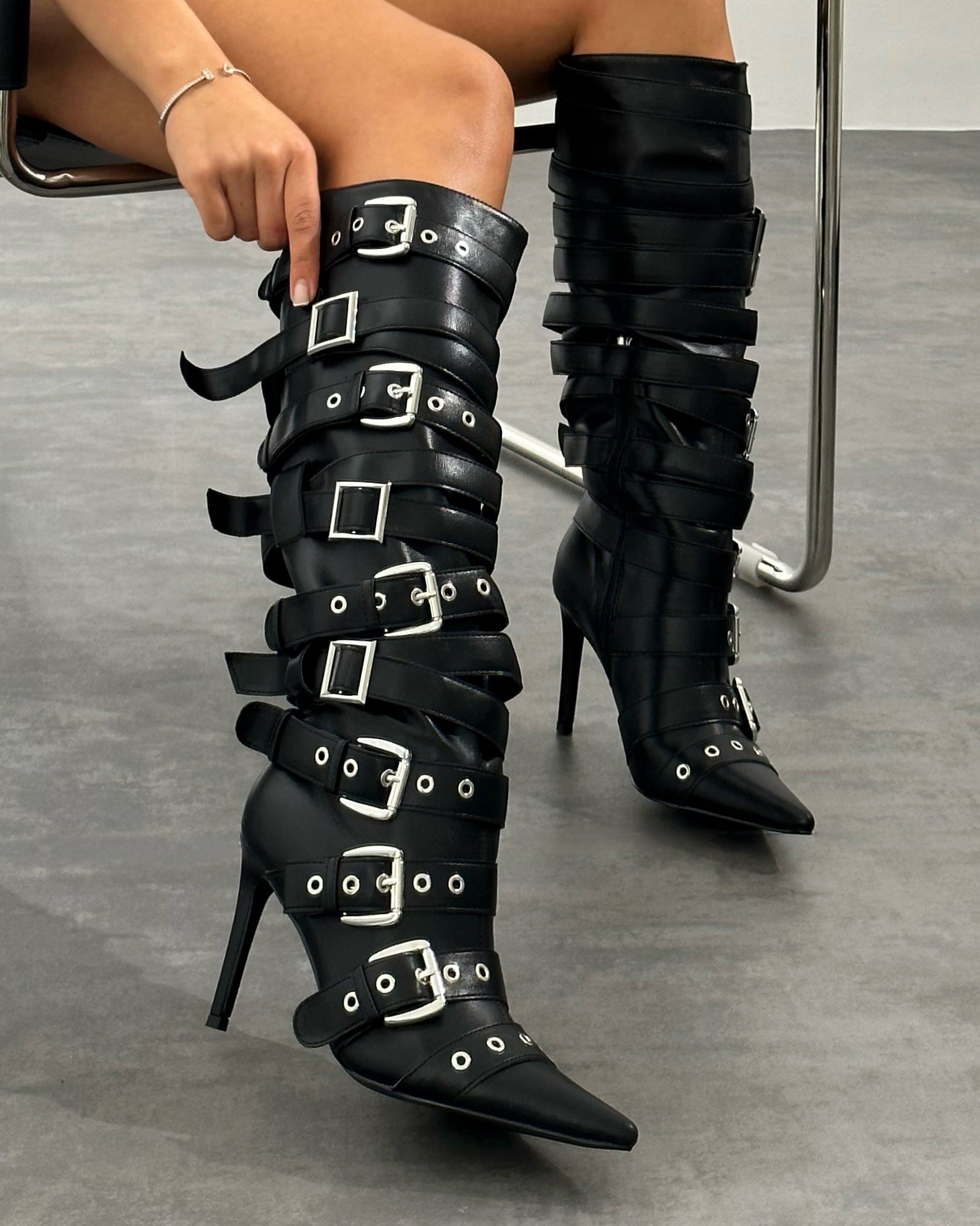 Lucian Black Strappy Buckle Stiletto Boots | SIMMI London