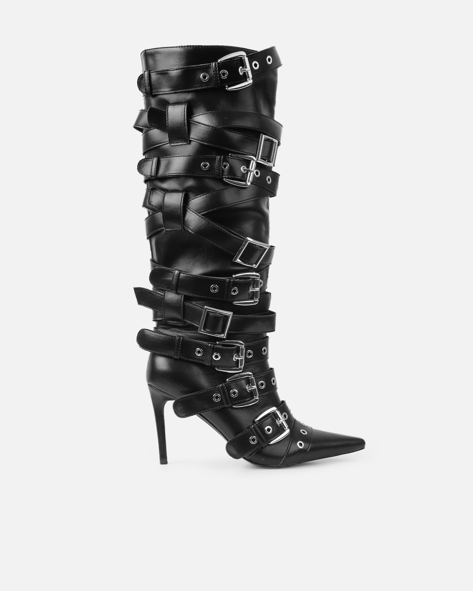 Lucian Black Strappy Buckle Stiletto Boots | SIMMI London
