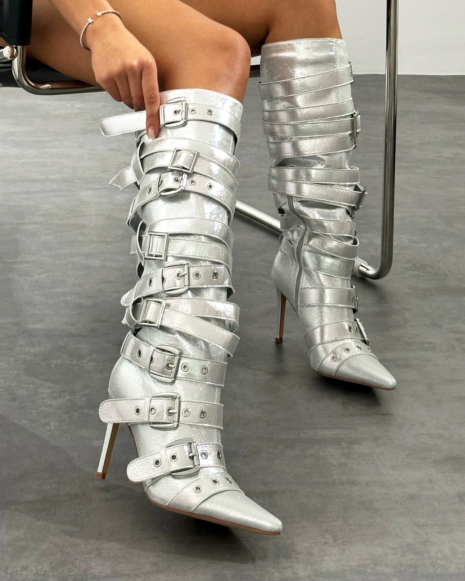 Lucian Silver Glitter Strappy Buckle Stiletto Boots | SIMMI London