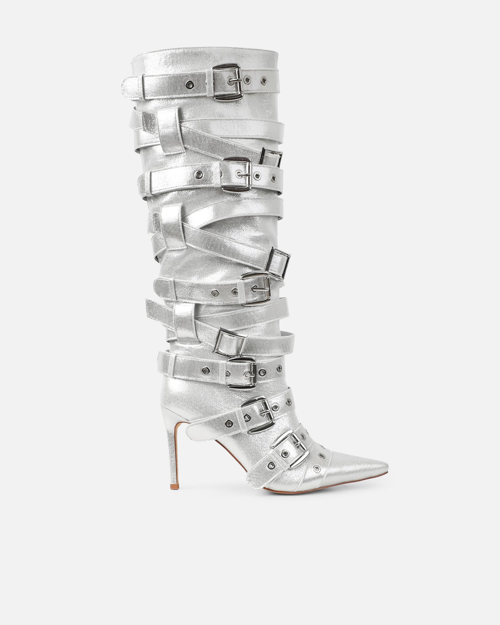 Lucian Silver Glitter Strappy Buckle Stiletto Boots | SIMMI London