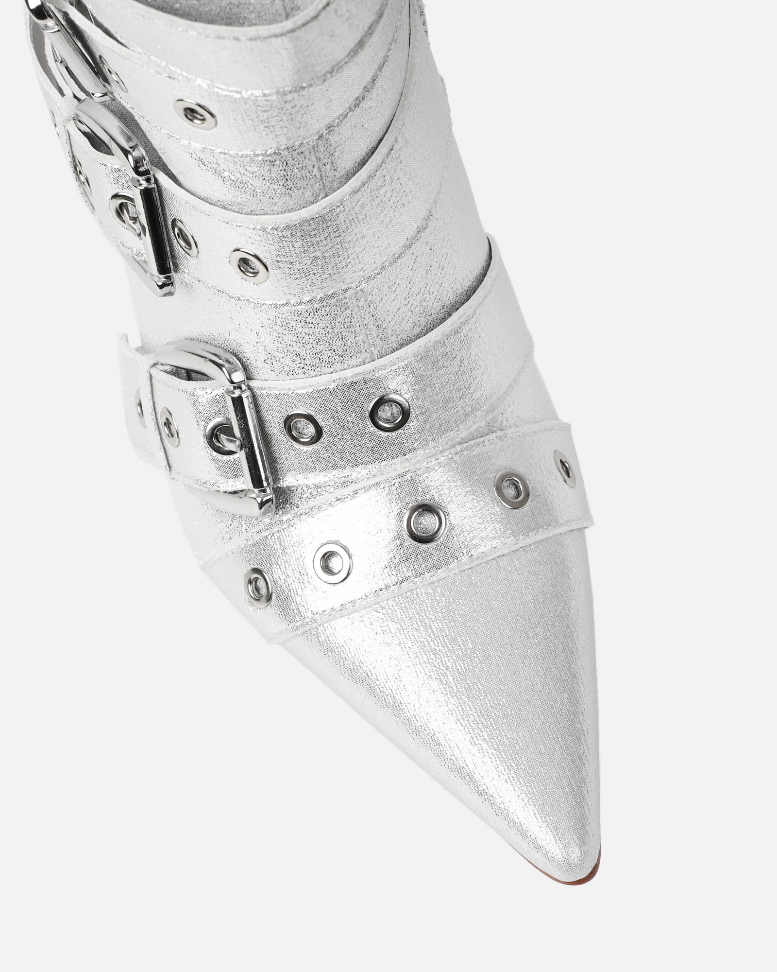 Lucian Silver Glitter Strappy Buckle Stiletto Boots | SIMMI London