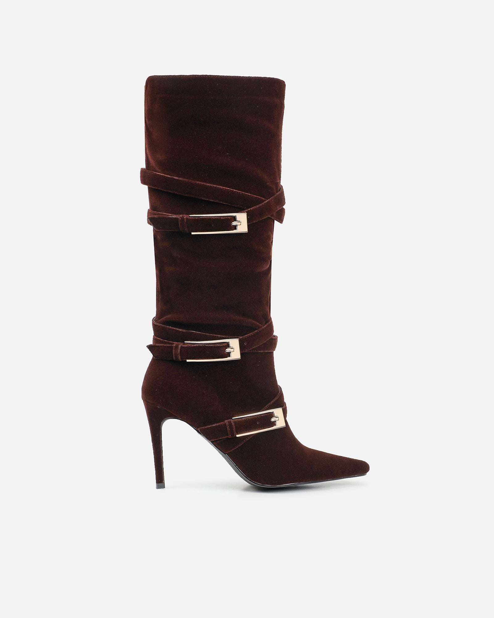 Kingston Chocolate Brown Suede Buckle Knee Boots | SIMMI London