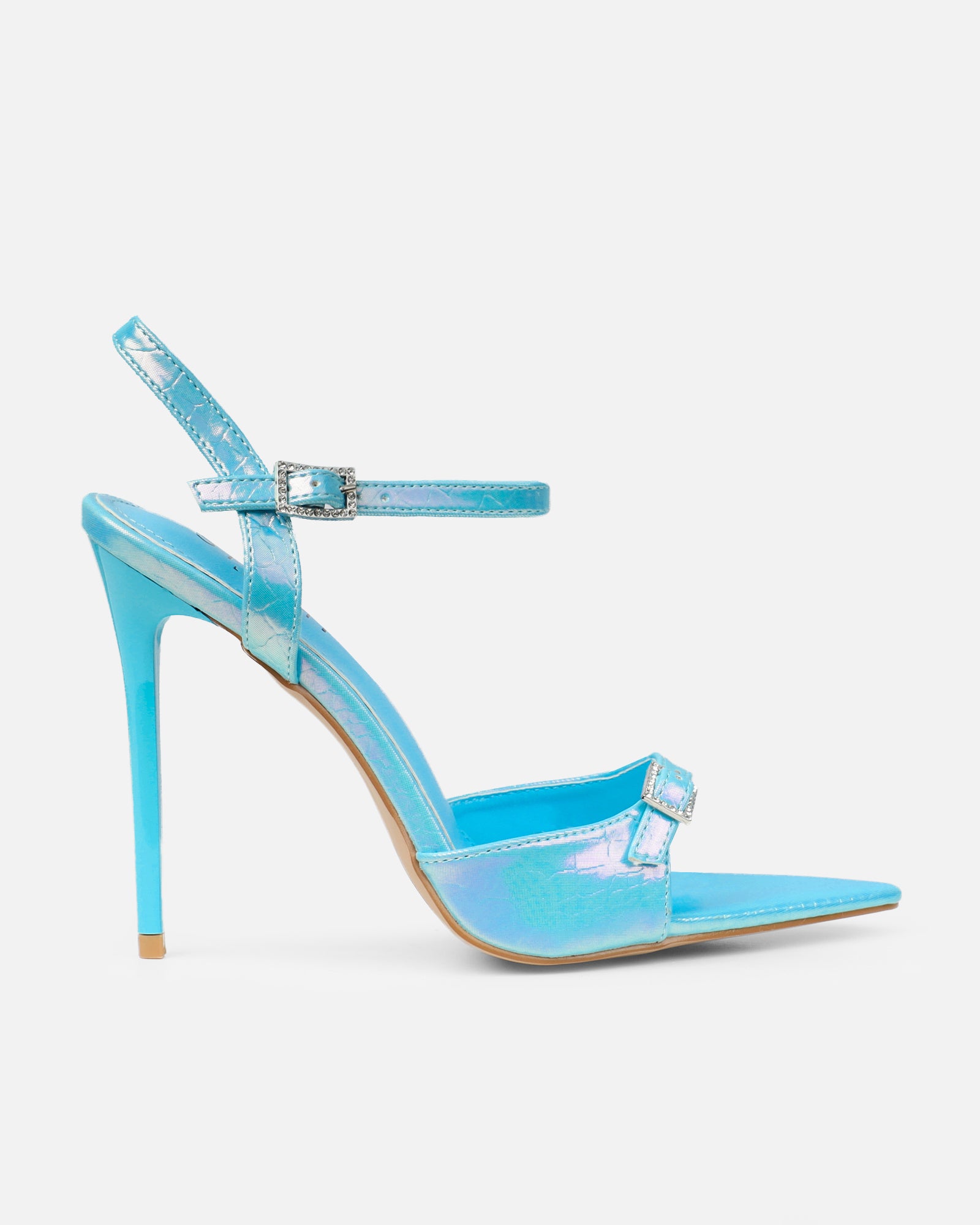Kameo Blue Faux Snake Effect Diamante Buckle Heels | SIMMI London