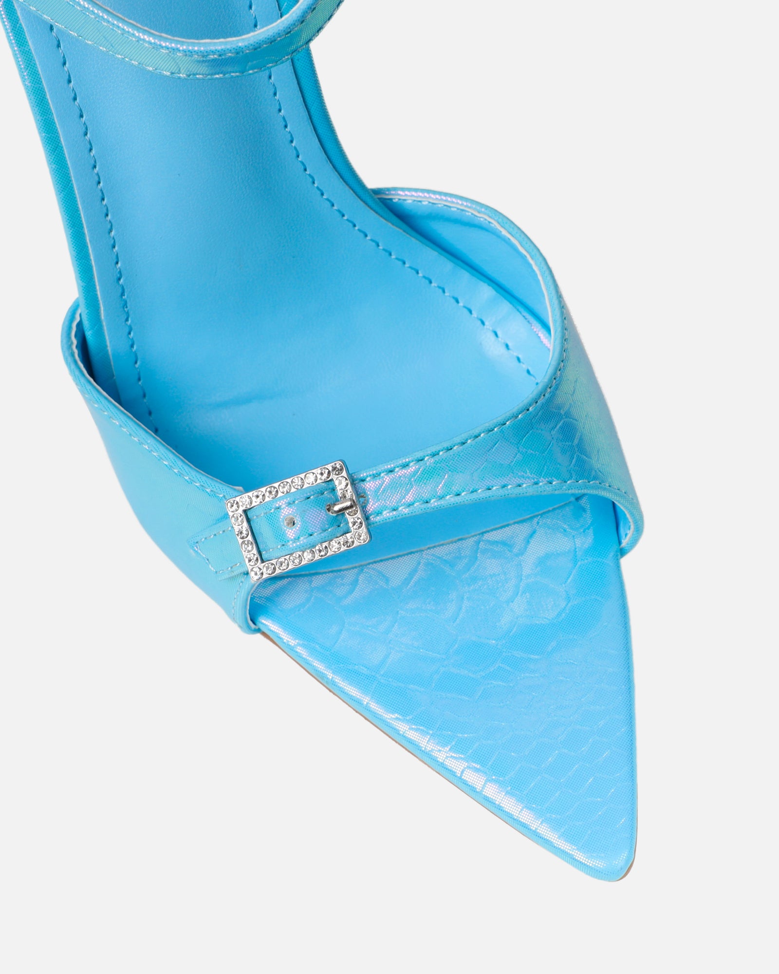 Kameo Blue Faux Snake Effect Diamante Buckle Heels | SIMMI London