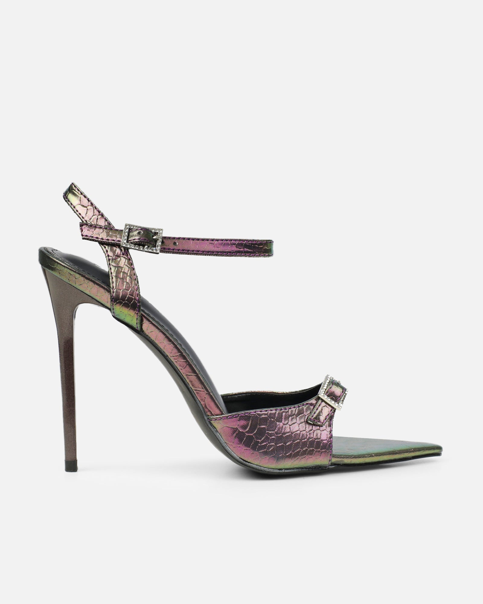 Kameo Petrol Faux Snake Effect Diamante Buckle Heels | SIMMI London