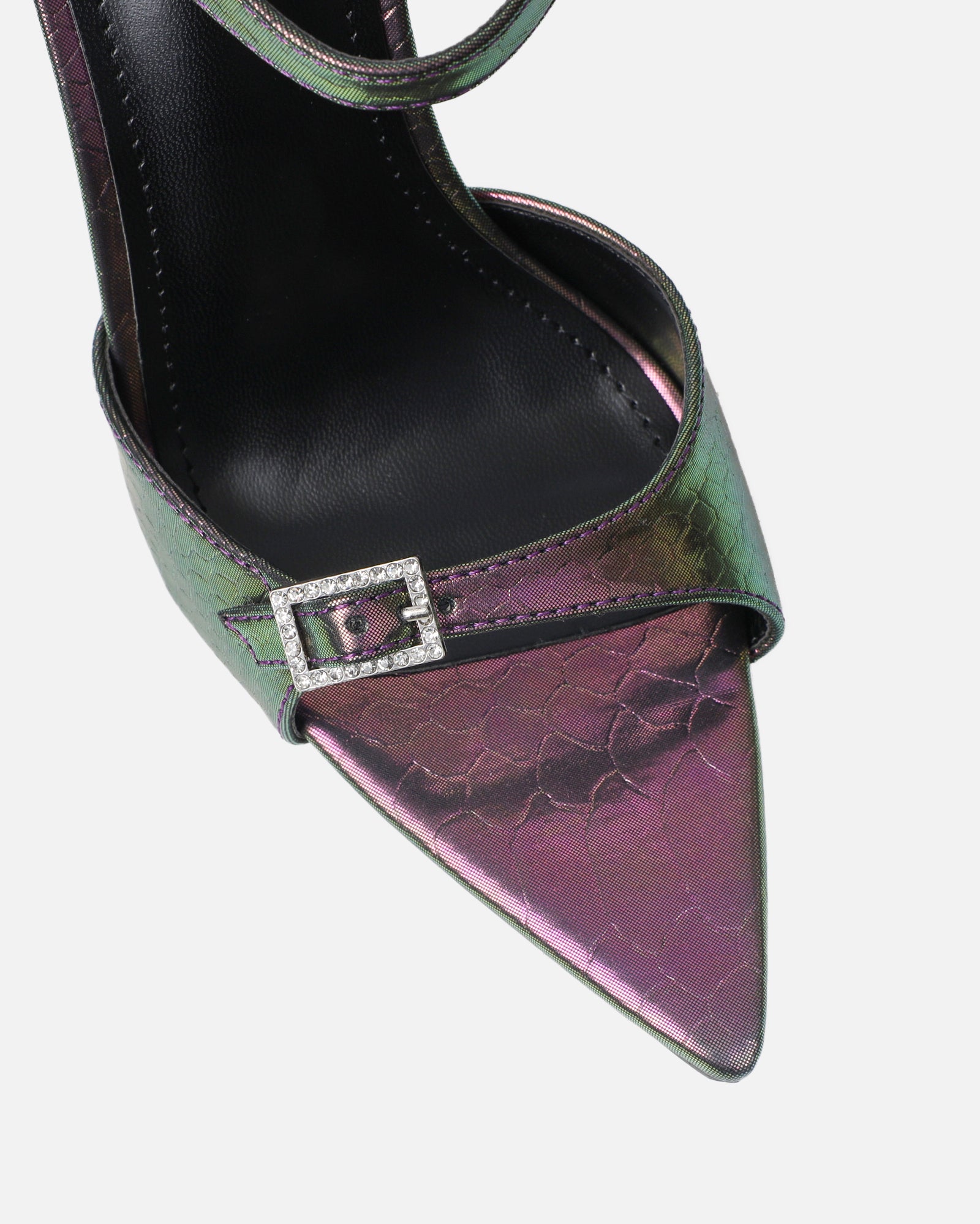 Kameo Petrol Faux Snake Effect Diamante Buckle Heels | SIMMI London