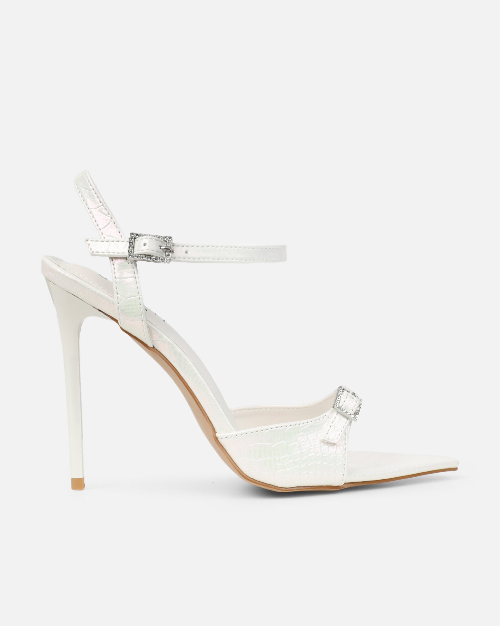 Kameo White Faux Snake Effect Diamante Buckle Heels | SIMMI London